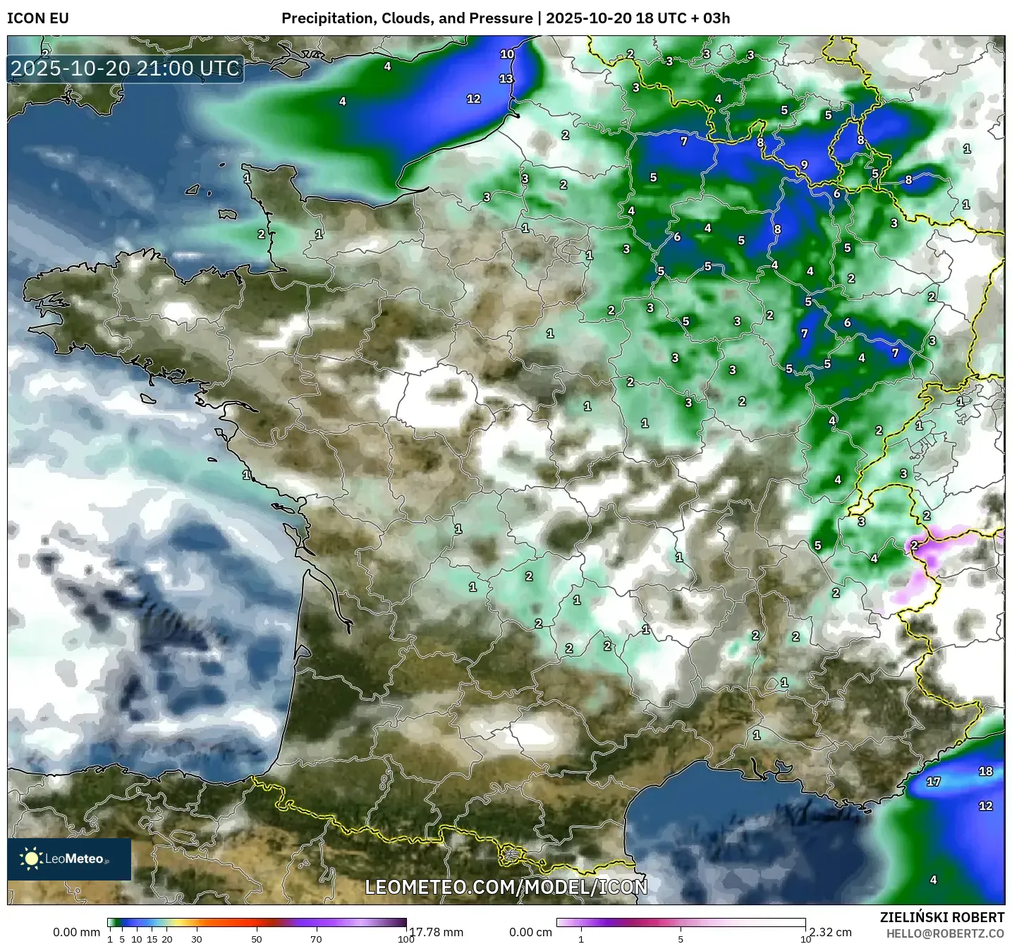 ICON model - France, Precipitation, Clouds, and Pressure ICON model - France, Precipitation, Clouds, and Pressure