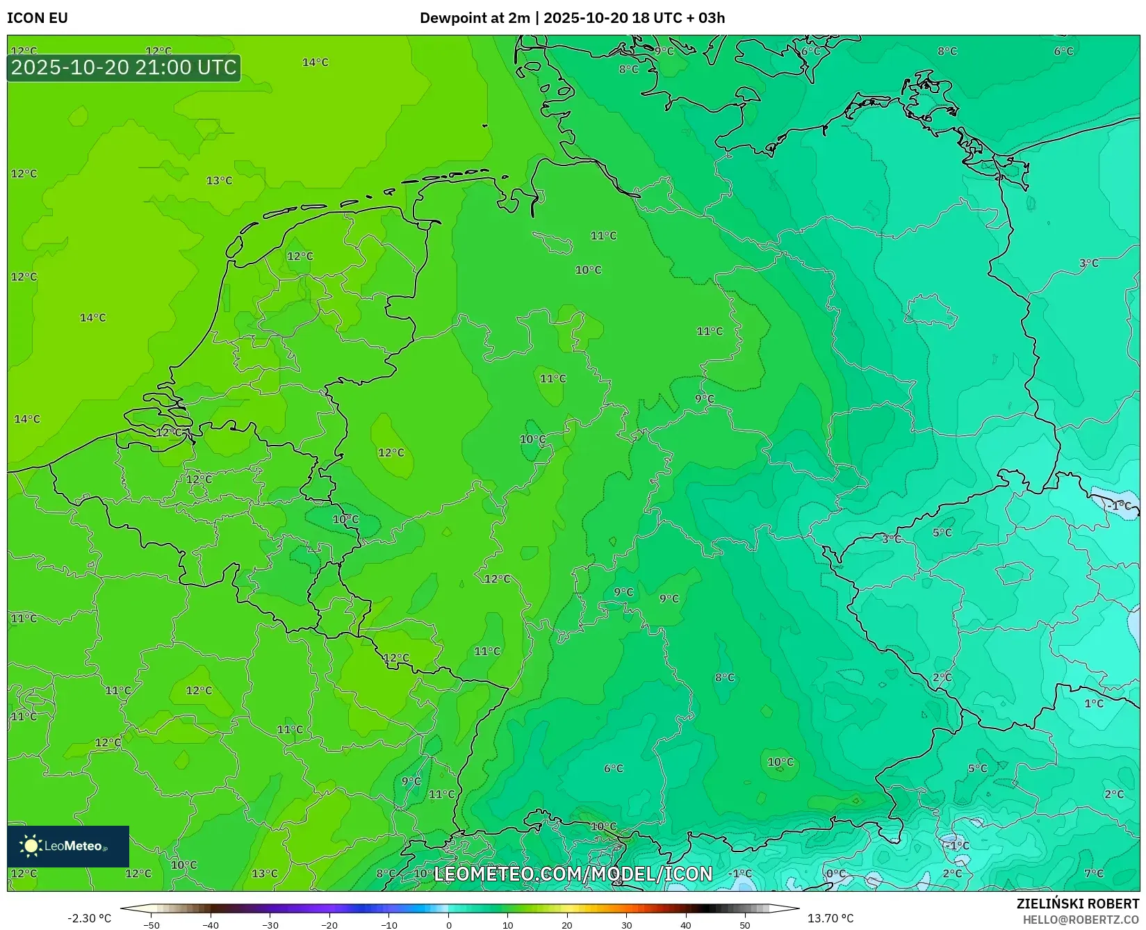 ICON model - Germany, Dewpoint at 2m ICON model - Germany, Dewpoint at 2m
