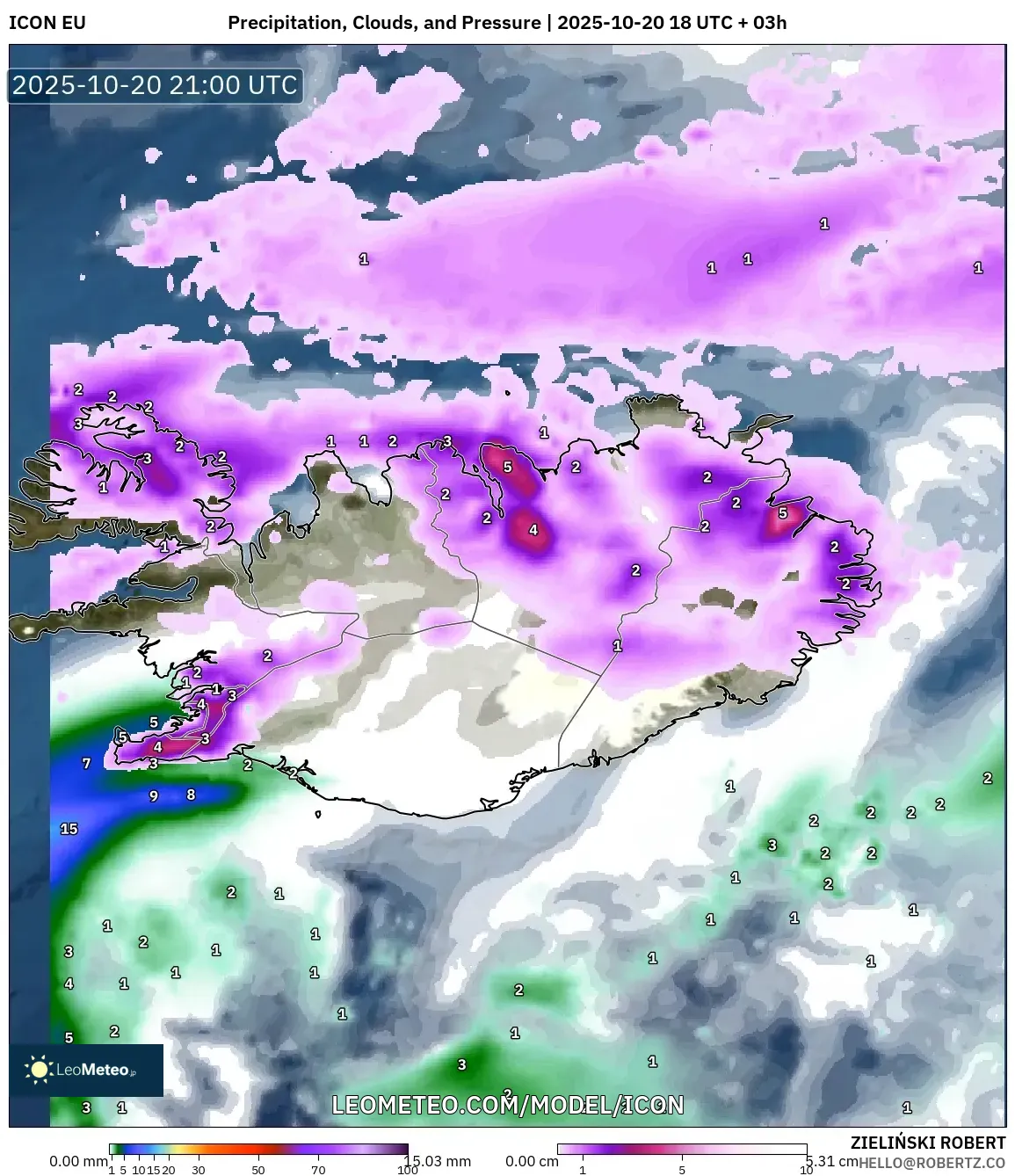 ICON model - Iceland, Precipitation, Clouds, and Pressure