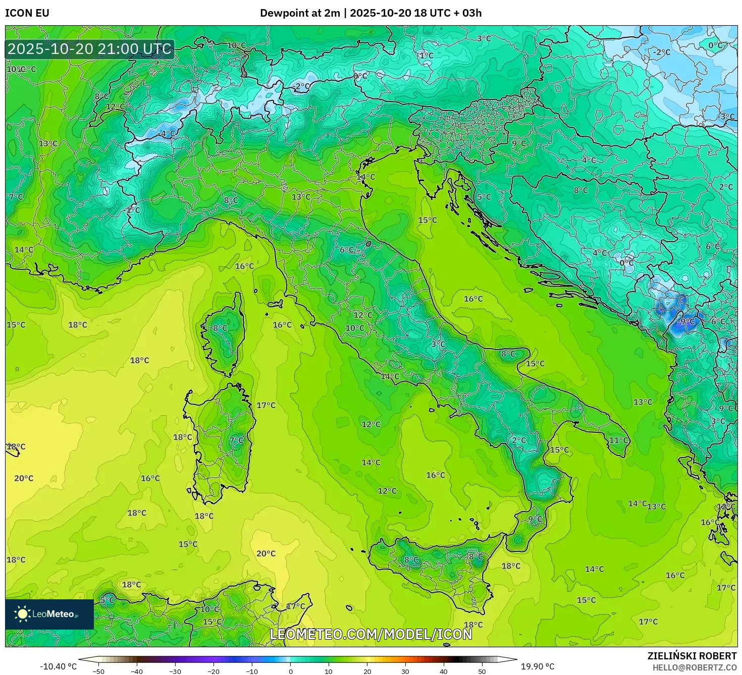 ICON model - Italy, Dewpoint at 2m ICON model - Italy, Dewpoint at 2m