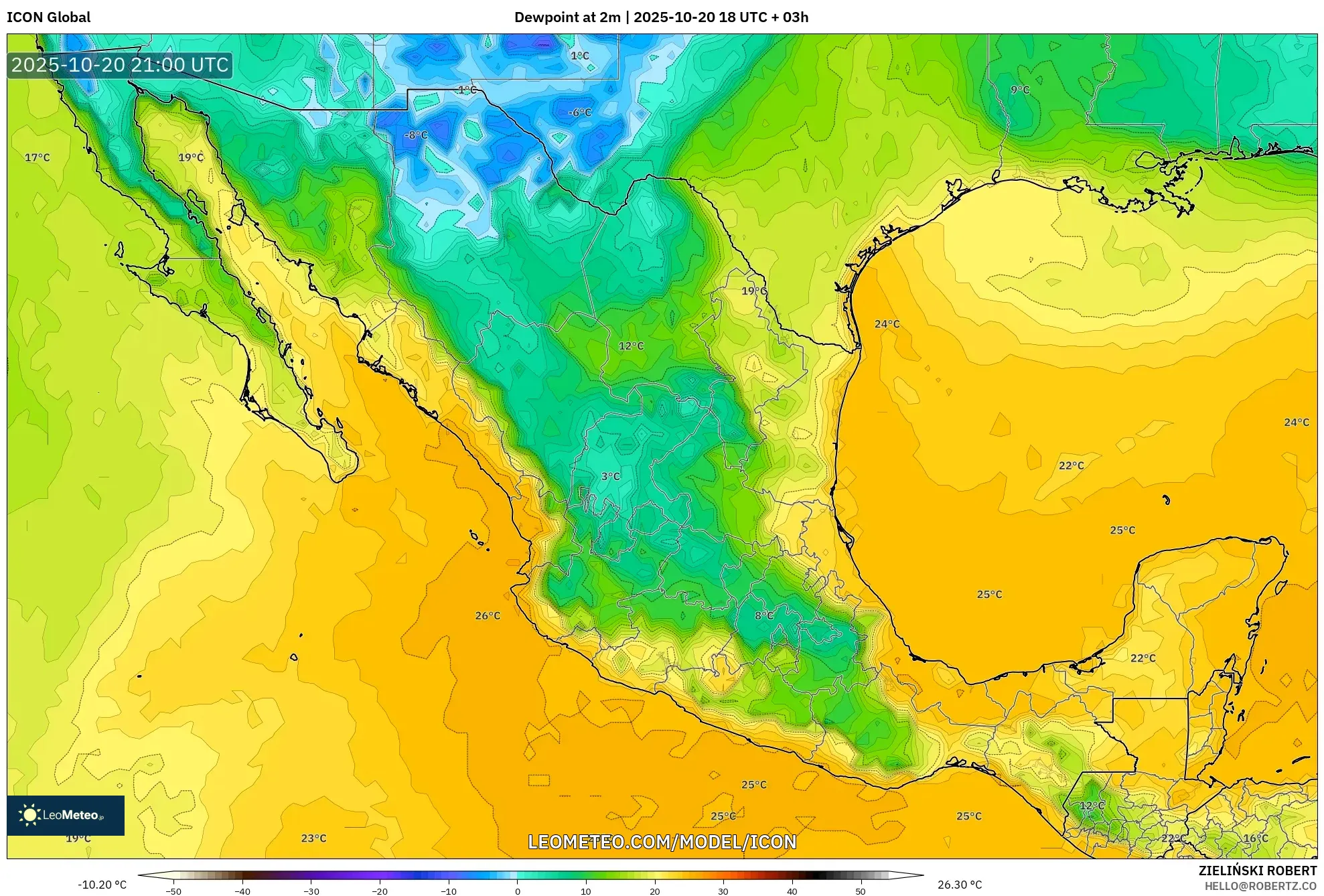 ICON model - Mexico, Dewpoint at 2m ICON model - Mexico, Dewpoint at 2m