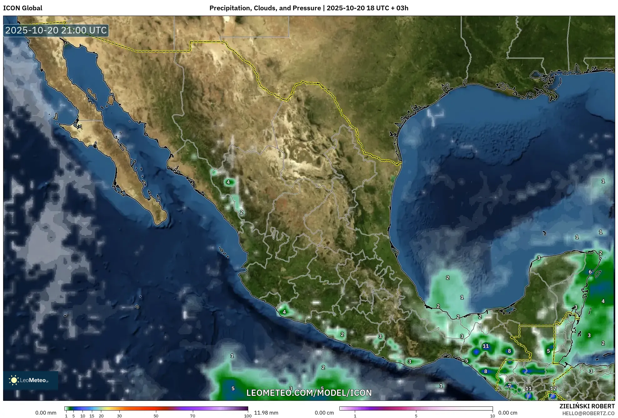 ICON model - Mexico, Precipitation, Clouds, and Pressure