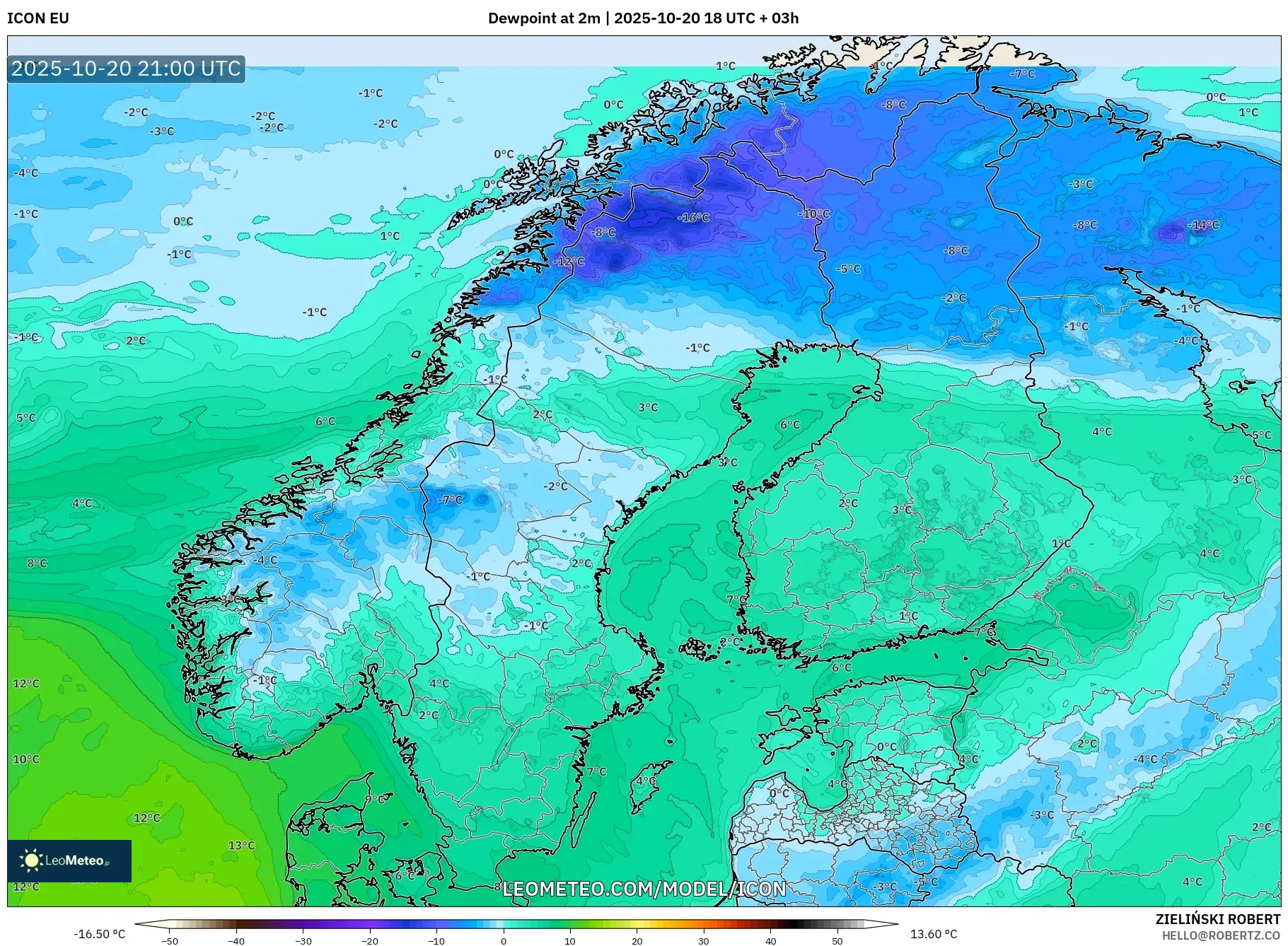 ICON model - Scandinavia, Dewpoint at 2m ICON model - Scandinavia, Dewpoint at 2m