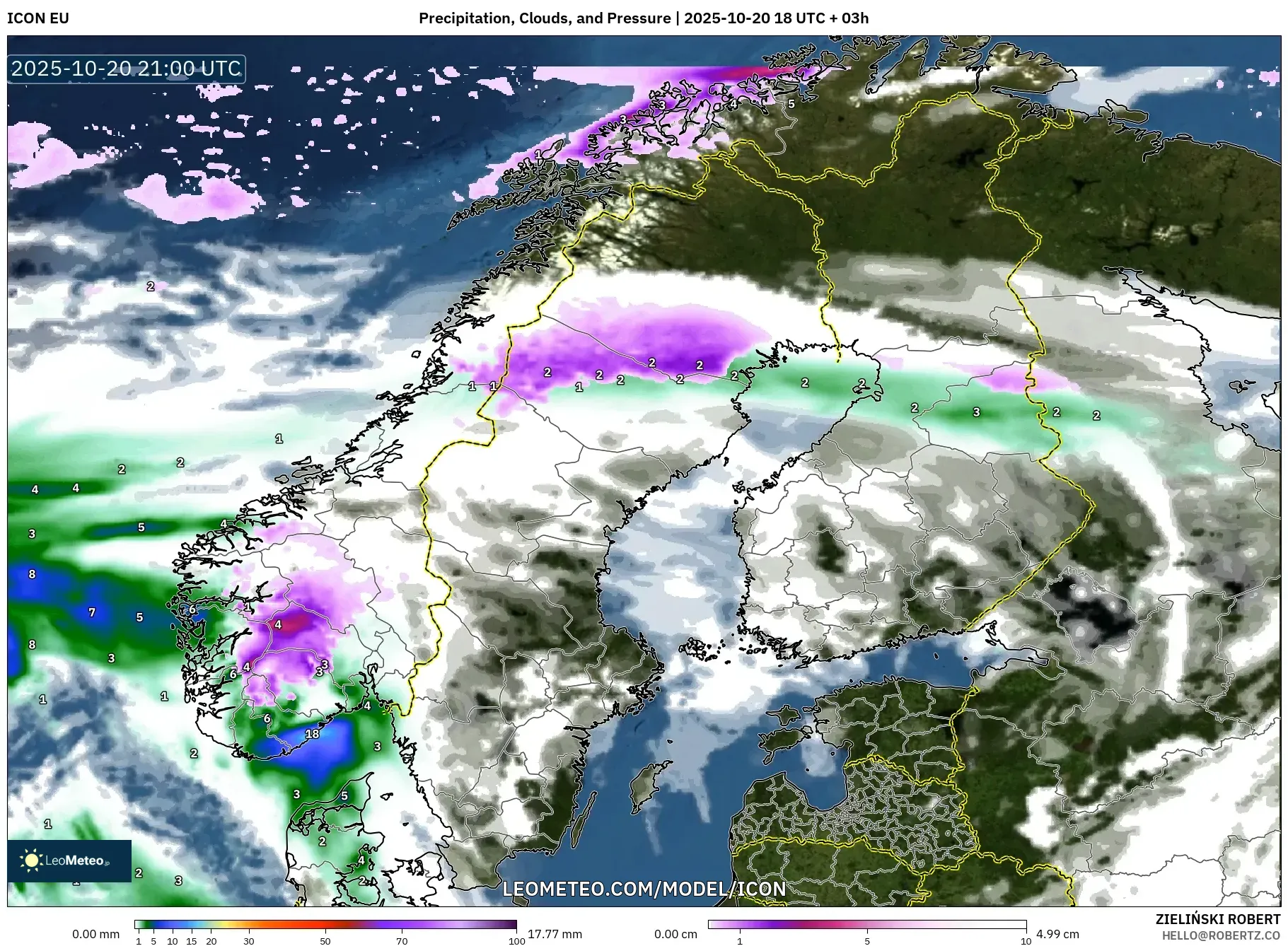 ICON model - Scandinavia, Precipitation, Clouds, and Pressure