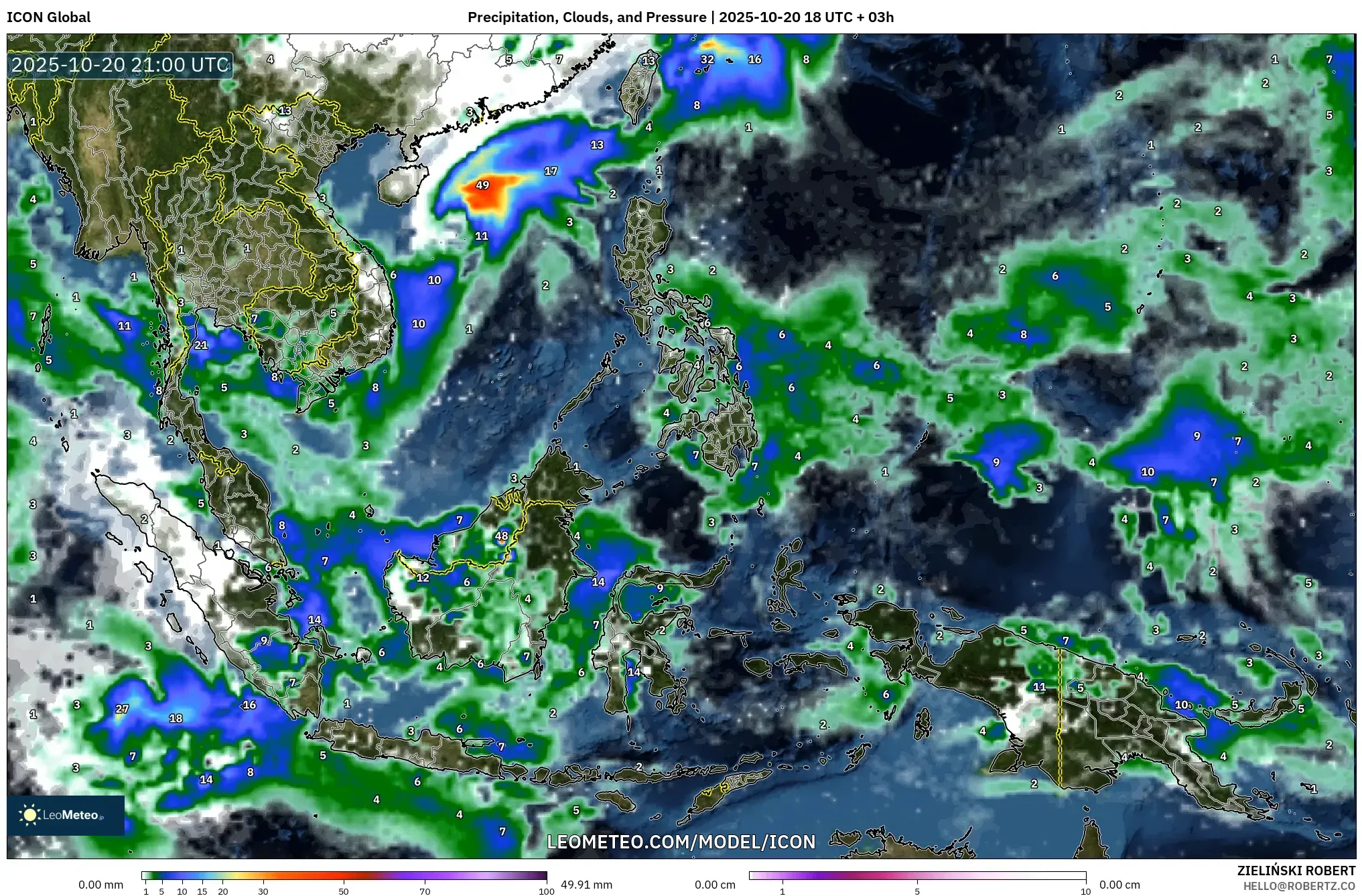 ICON model - South East Asia, Precipitation, Clouds, and Pressure ICON model - South East Asia, Precipitation, Clouds, and Pressure
