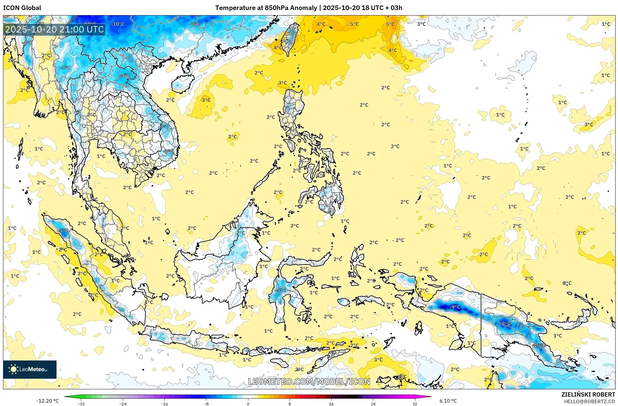 ICON model - South East Asia, Temperature at 850hPa Anomaly ICON model - South East Asia, Temperature at 850hPa Anomaly