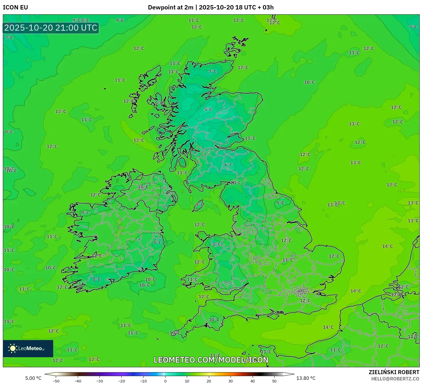 ICON model - United Kingdom, Dewpoint at 2m ICON model - United Kingdom, Dewpoint at 2m