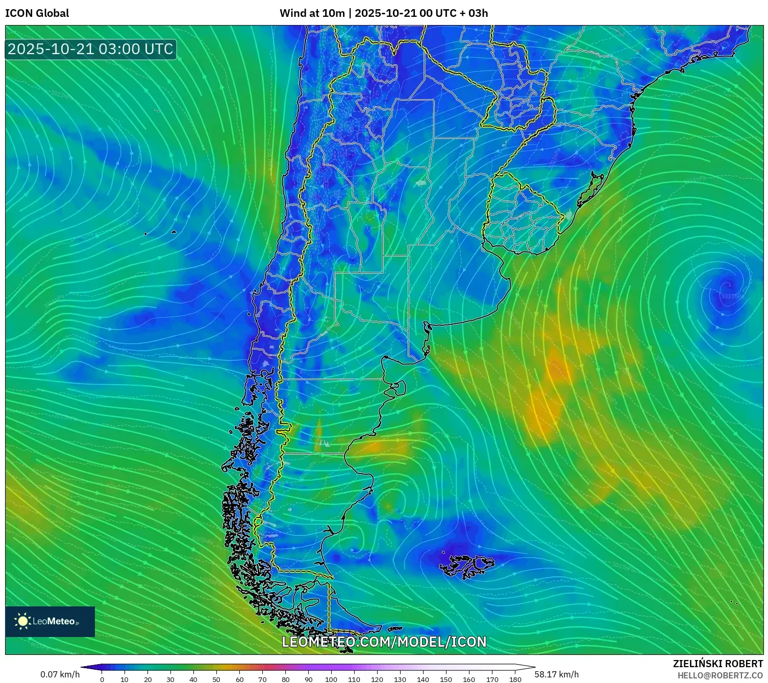 ICON model - Argentina, Wind at 10m ICON model - Argentina, Wind at 10m
