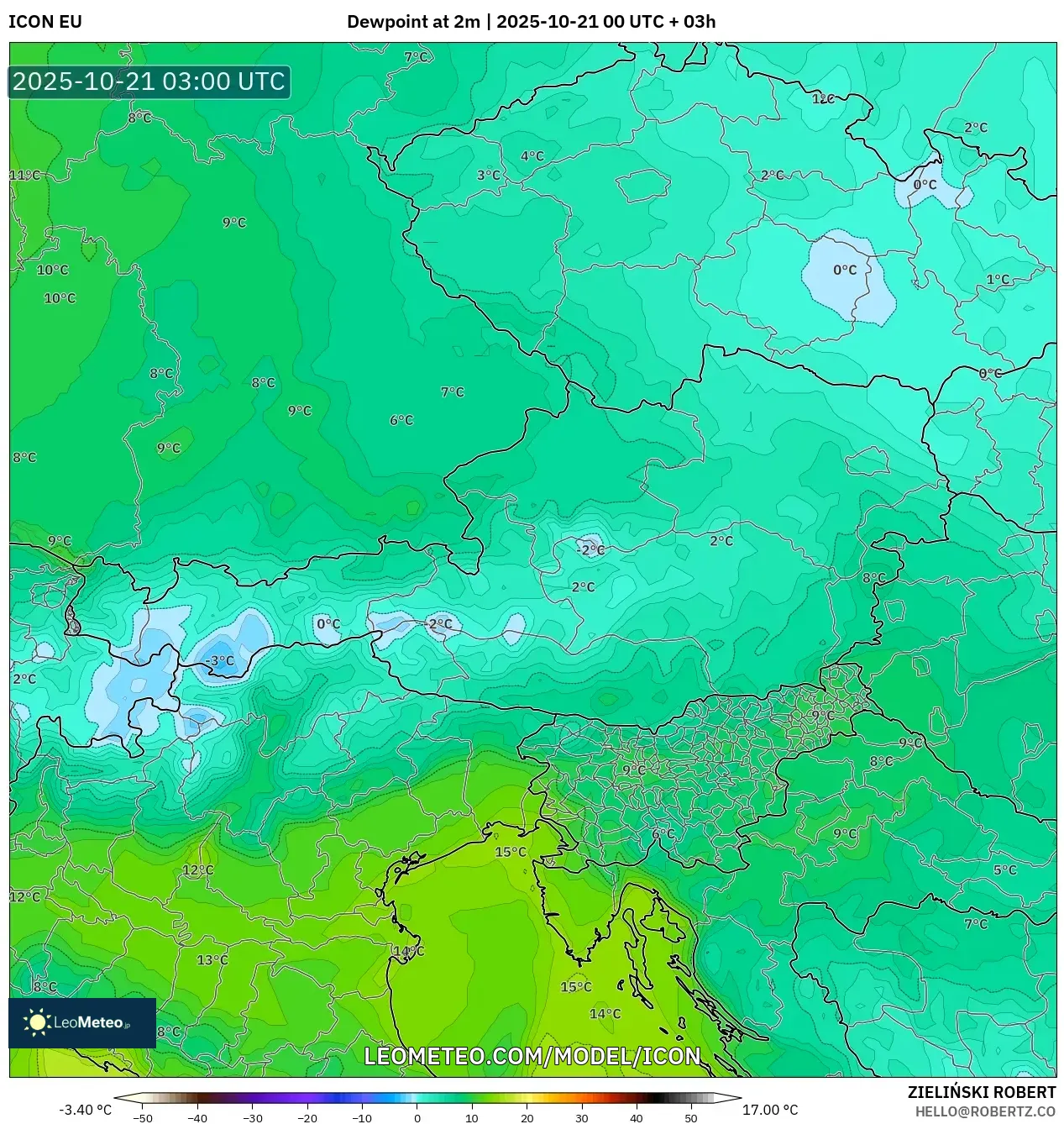 ICON model - Austria, Dewpoint at 2m ICON model - Austria, Dewpoint at 2m