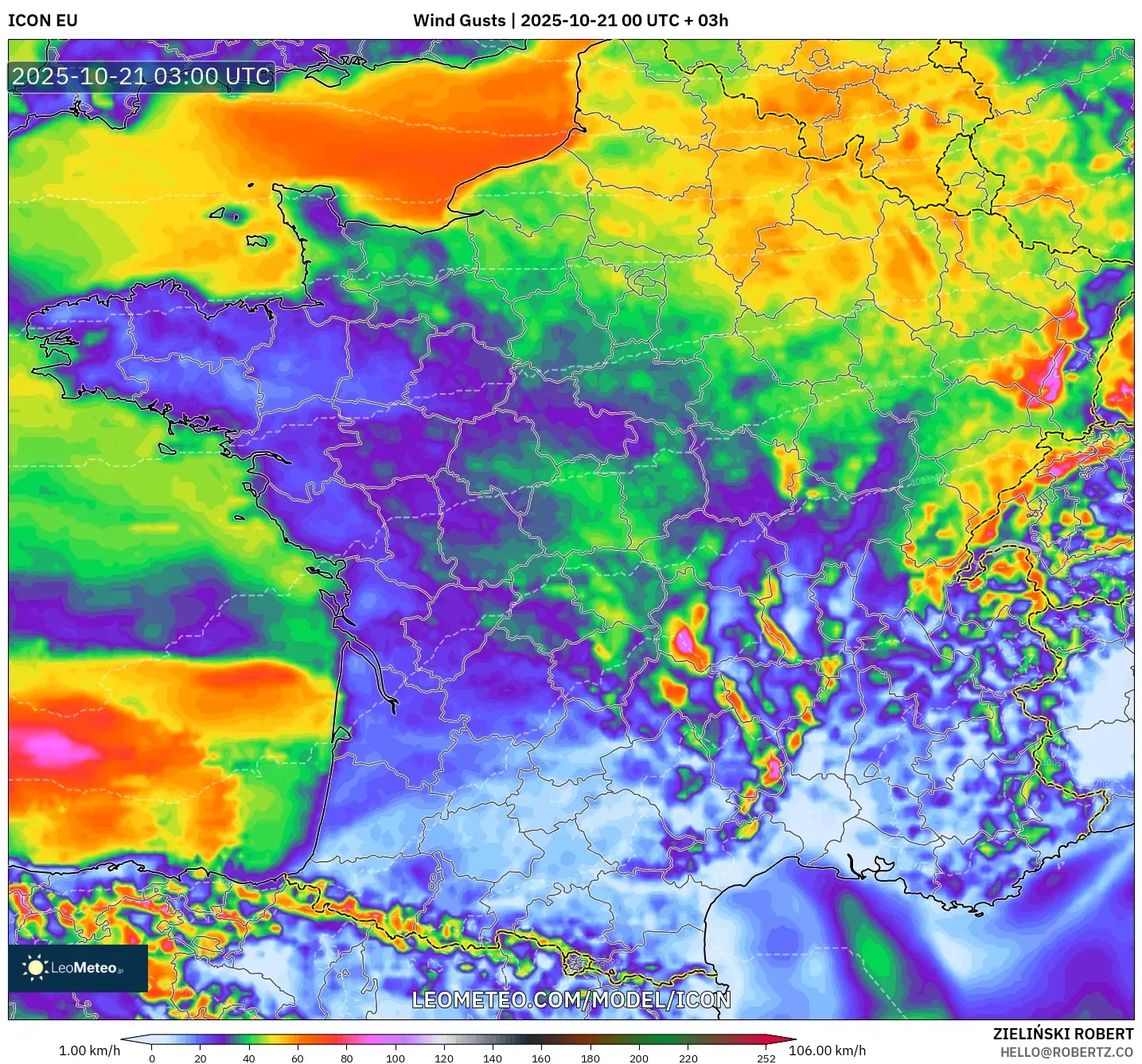 ICON model - France, Wind Gusts ICON model - France, Wind Gusts