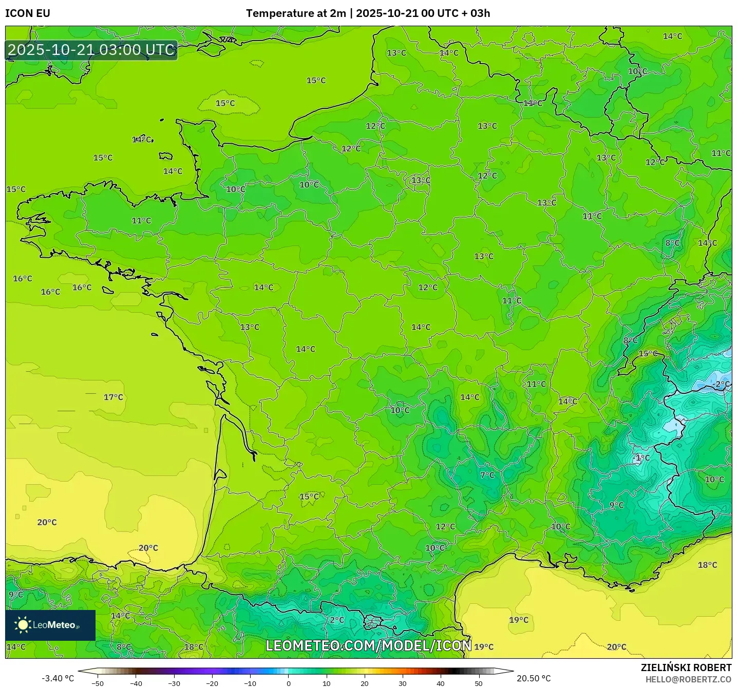 ICON model - France, Temperature at 2m ICON model - France, Temperature at 2m