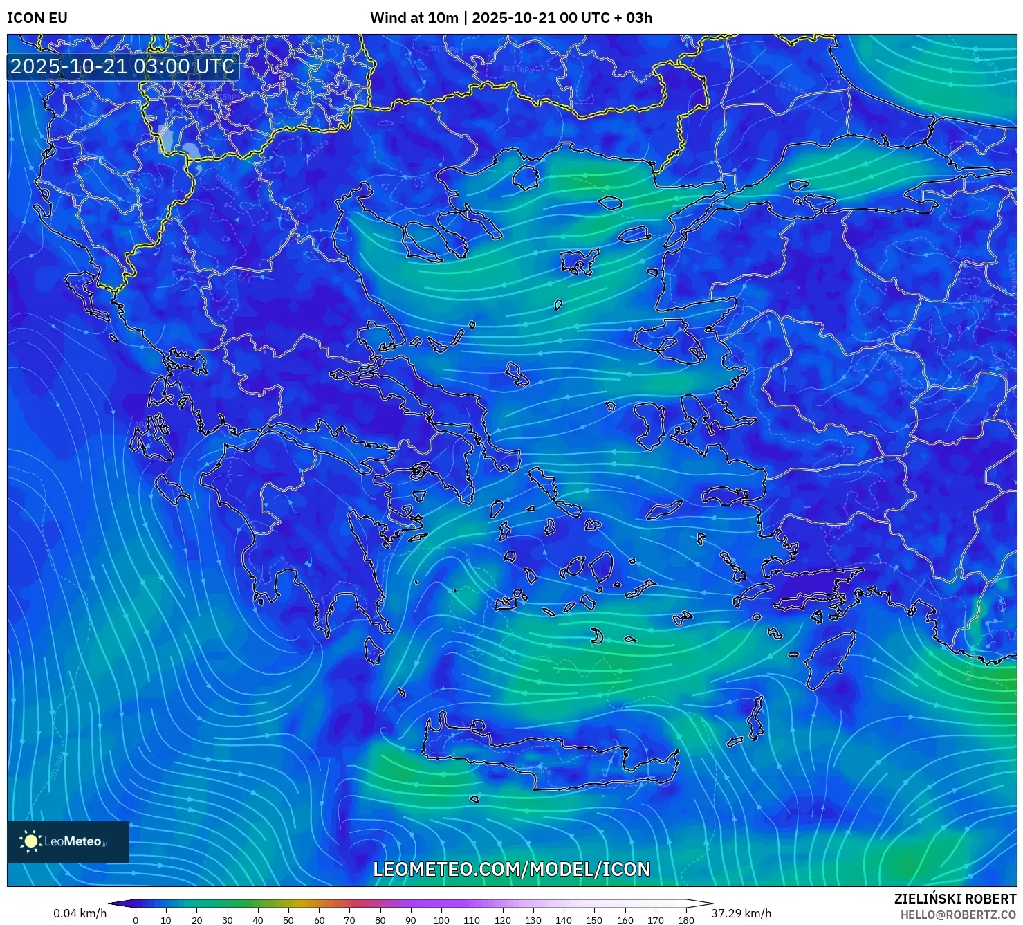 ICON model - Greece, Wind at 10m ICON model - Greece, Wind at 10m