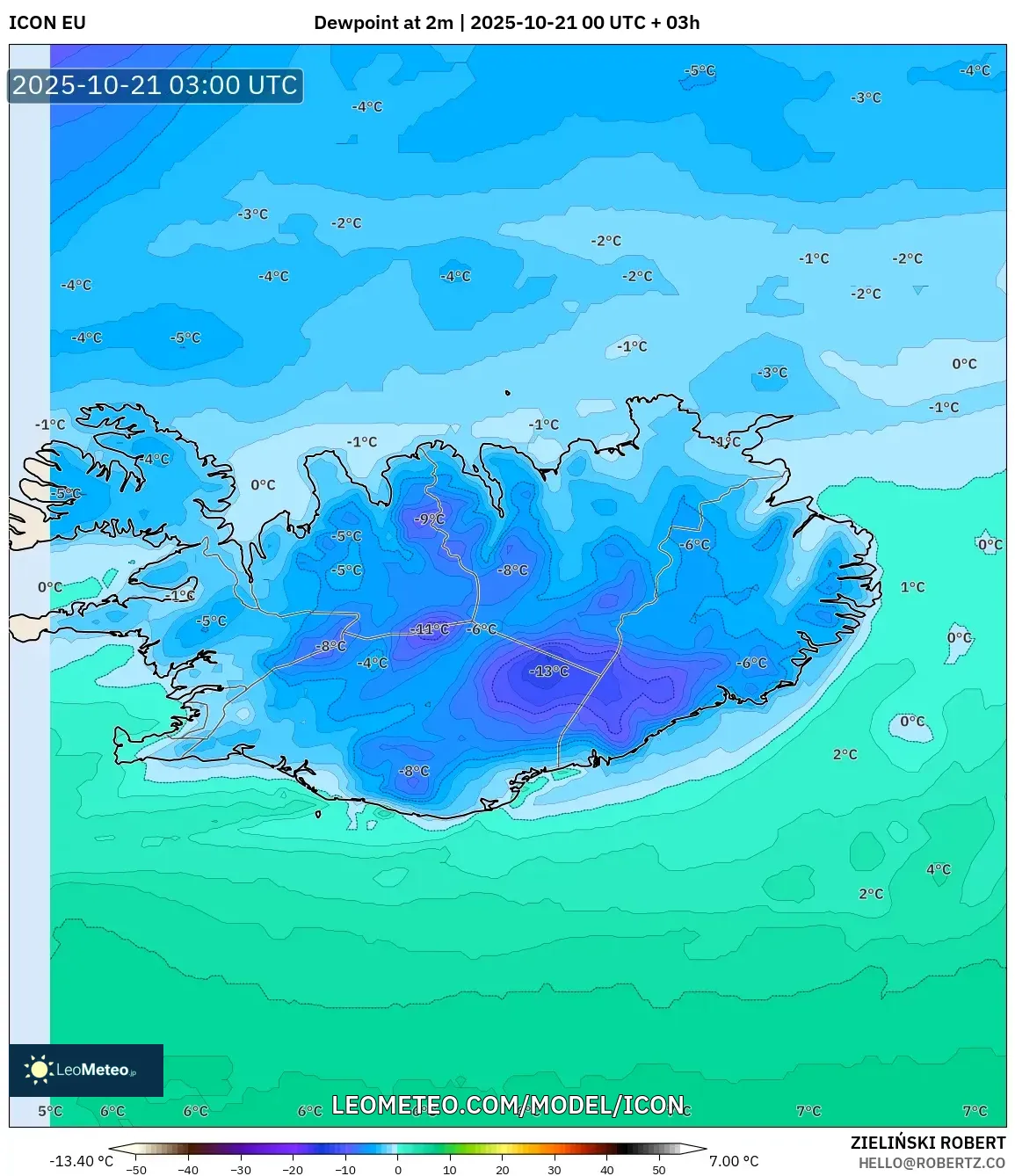 ICON model - Iceland, Dewpoint at 2m ICON model - Iceland, Dewpoint at 2m