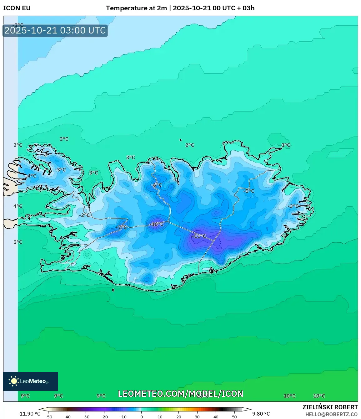 ICON model - Iceland, Temperature at 2m ICON model - Iceland, Temperature at 2m
