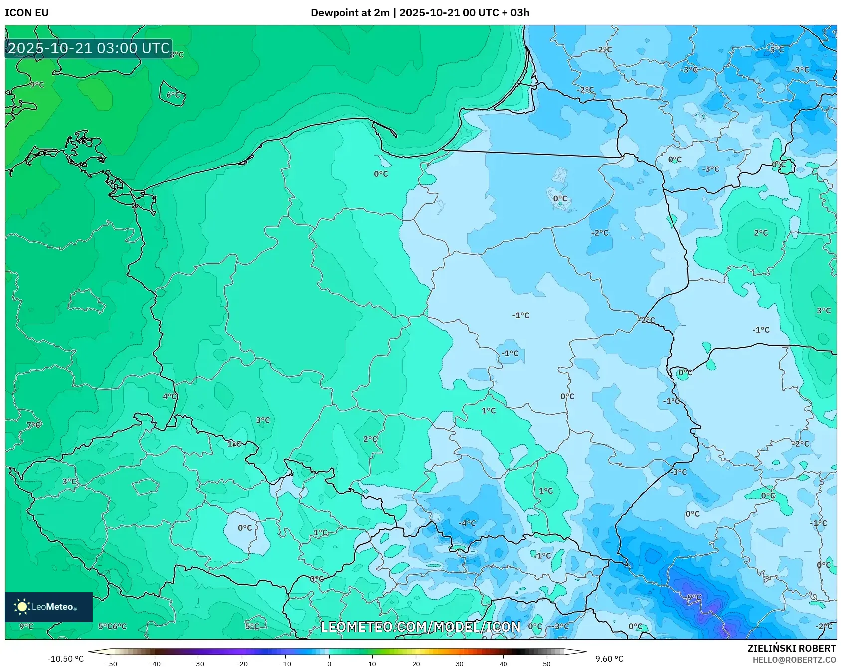 ICON model - Poland, Dewpoint at 2m ICON model - Poland, Dewpoint at 2m