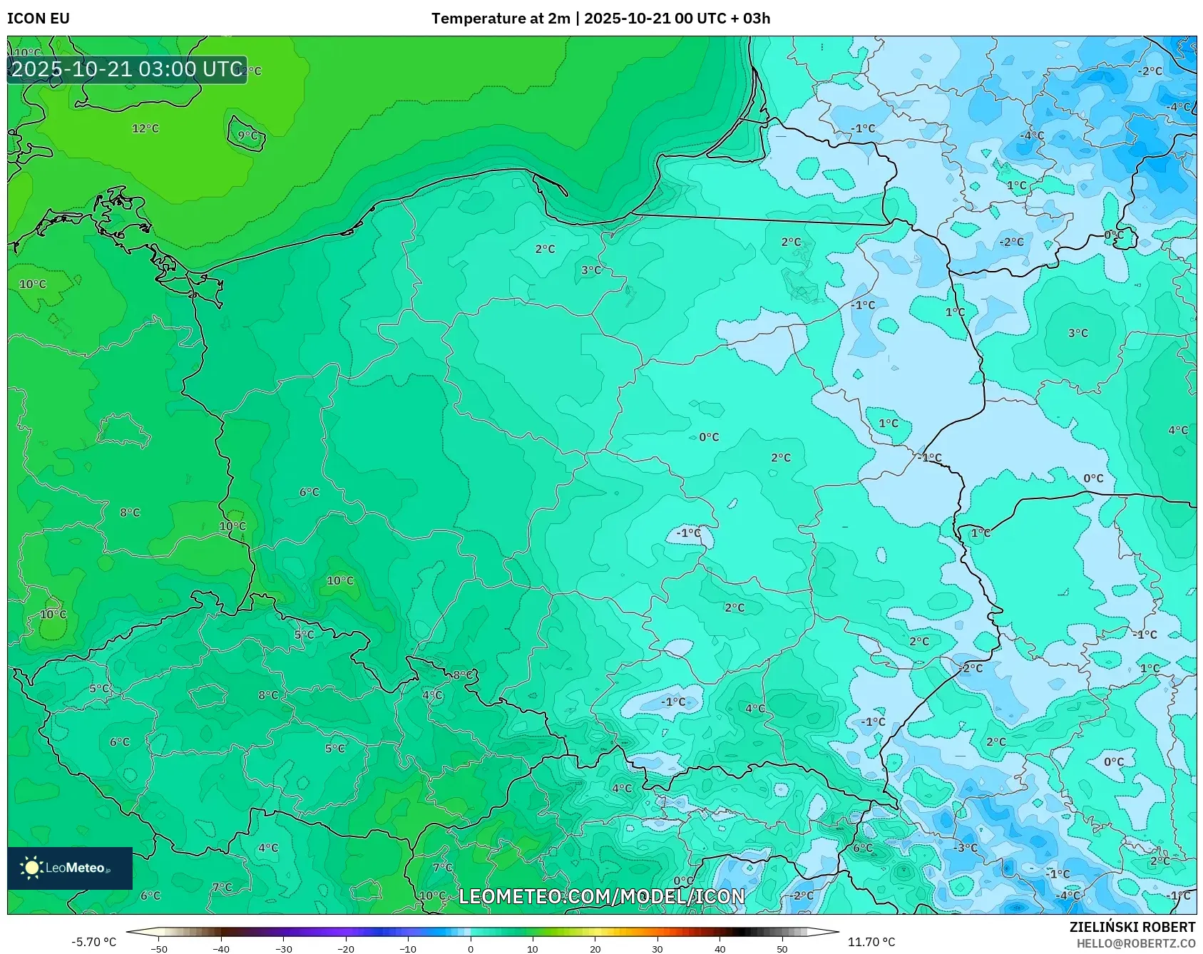 ICON model - Poland, Temperature at 2m ICON model - Poland, Temperature at 2m