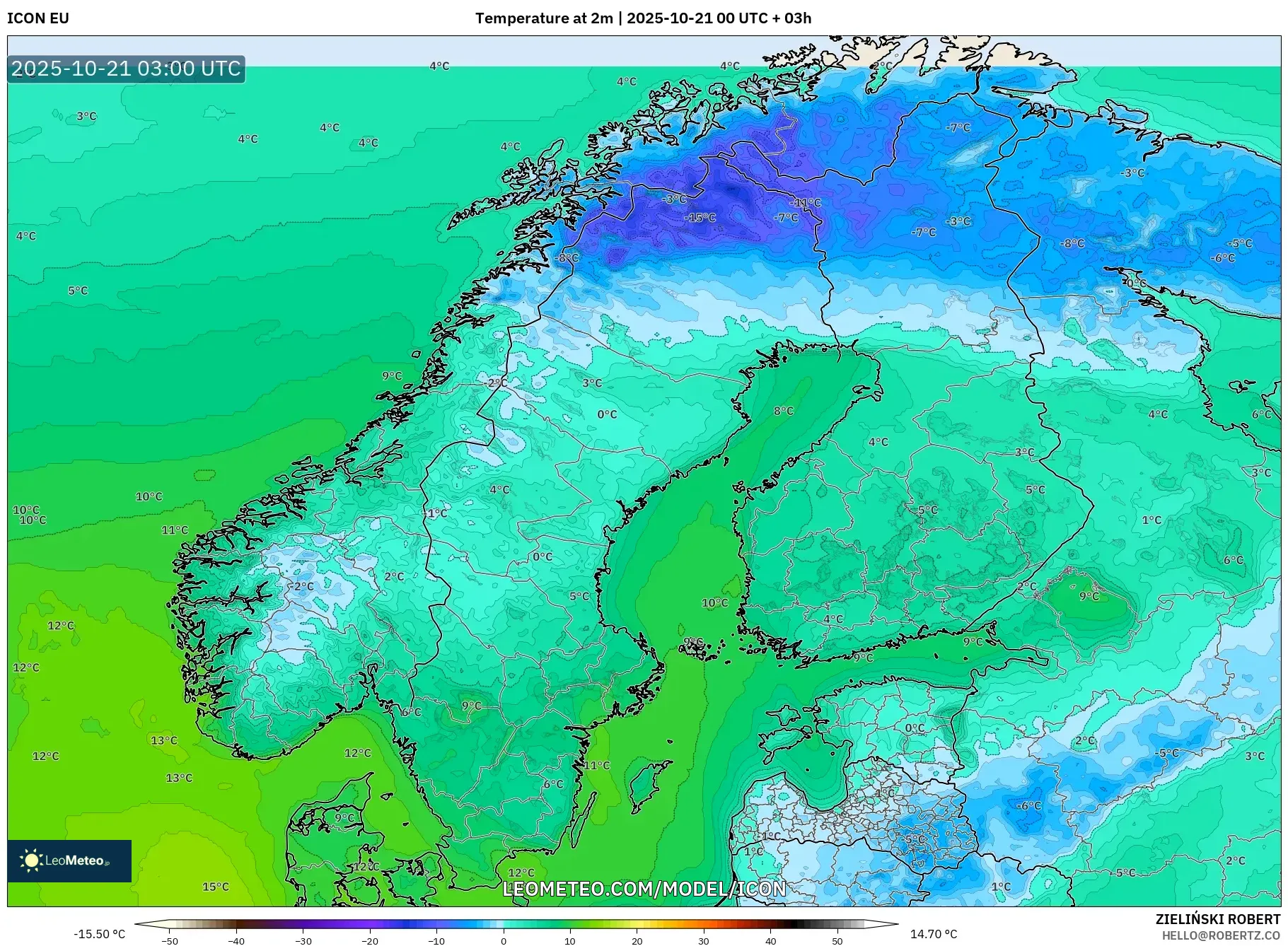 ICON model - Scandinavia, Temperature at 2m ICON model - Scandinavia, Temperature at 2m