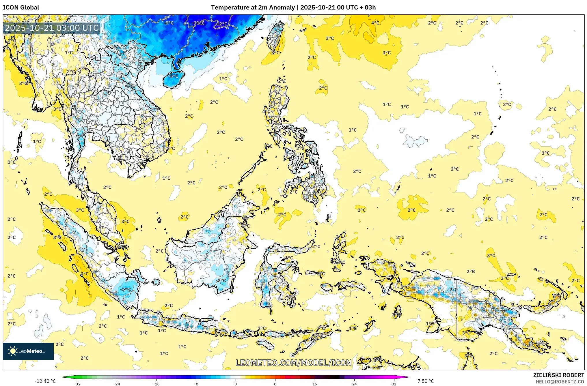 ICON model - South East Asia, Temperature at 2m Anomaly ICON model - South East Asia, Temperature at 2m Anomaly