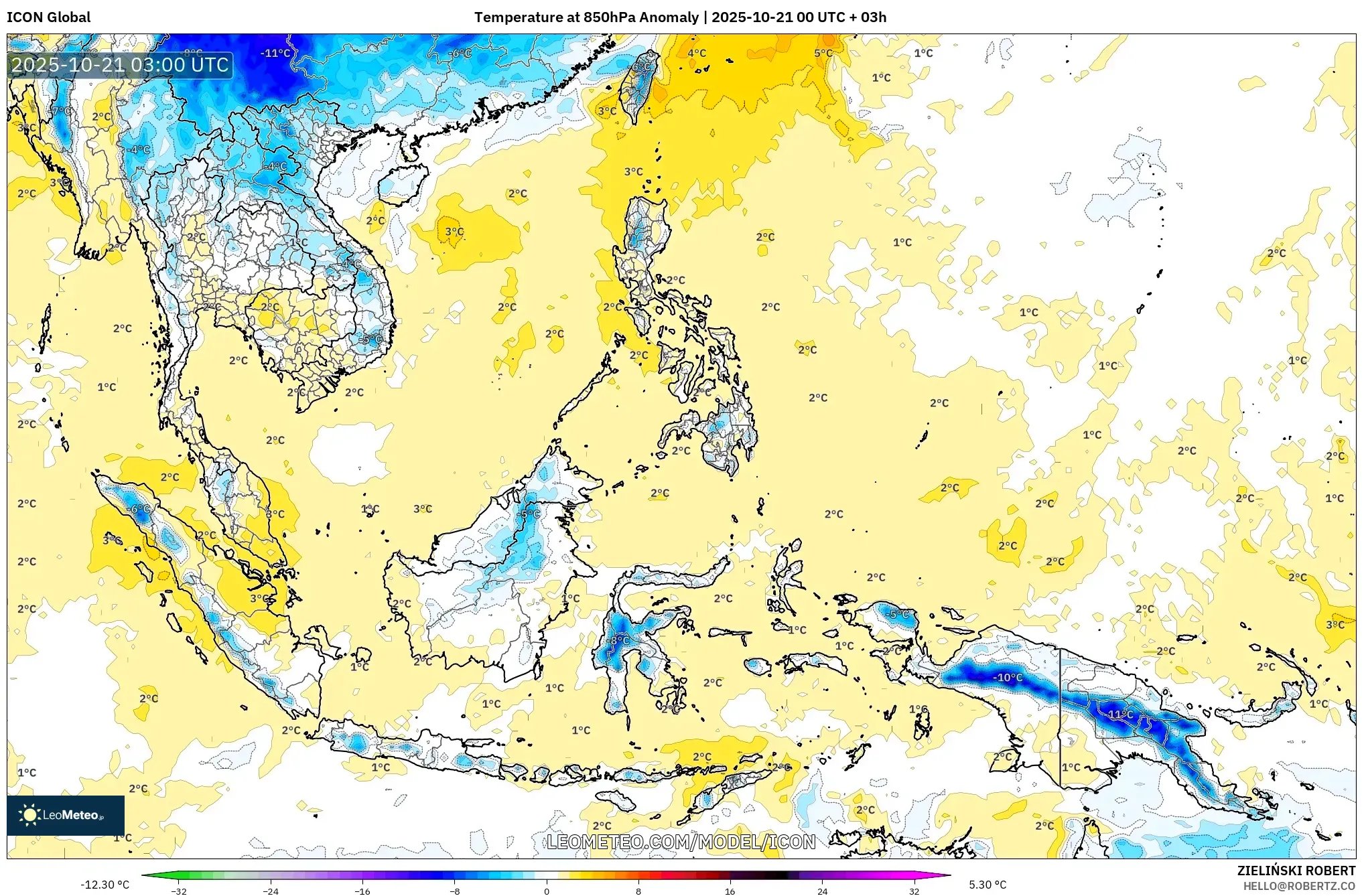 ICON model - South East Asia, Temperature at 850hPa Anomaly ICON model - South East Asia, Temperature at 850hPa Anomaly