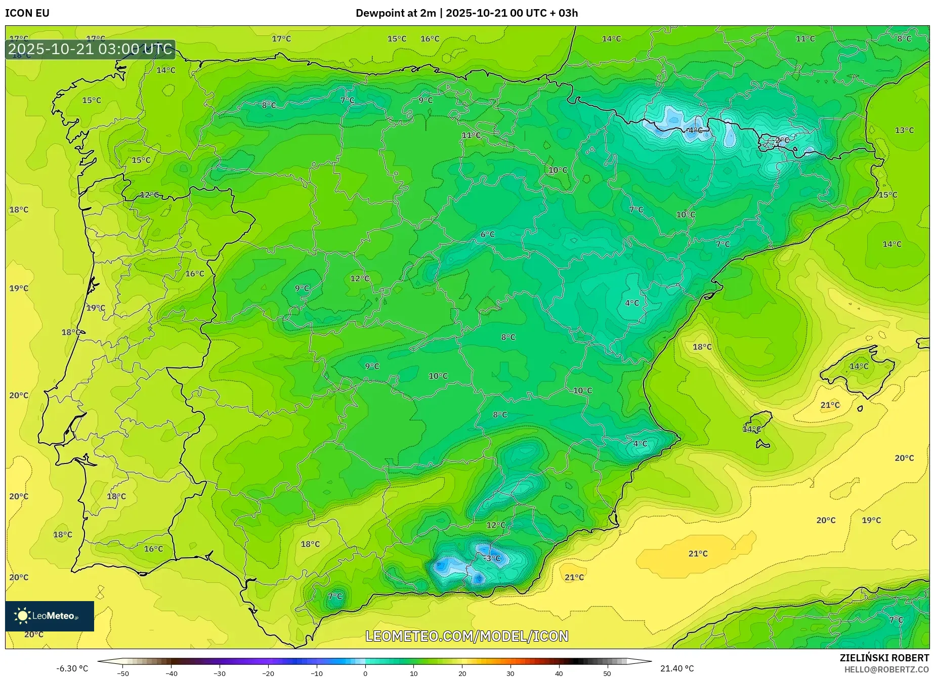 ICON model - Spain, Dewpoint at 2m
