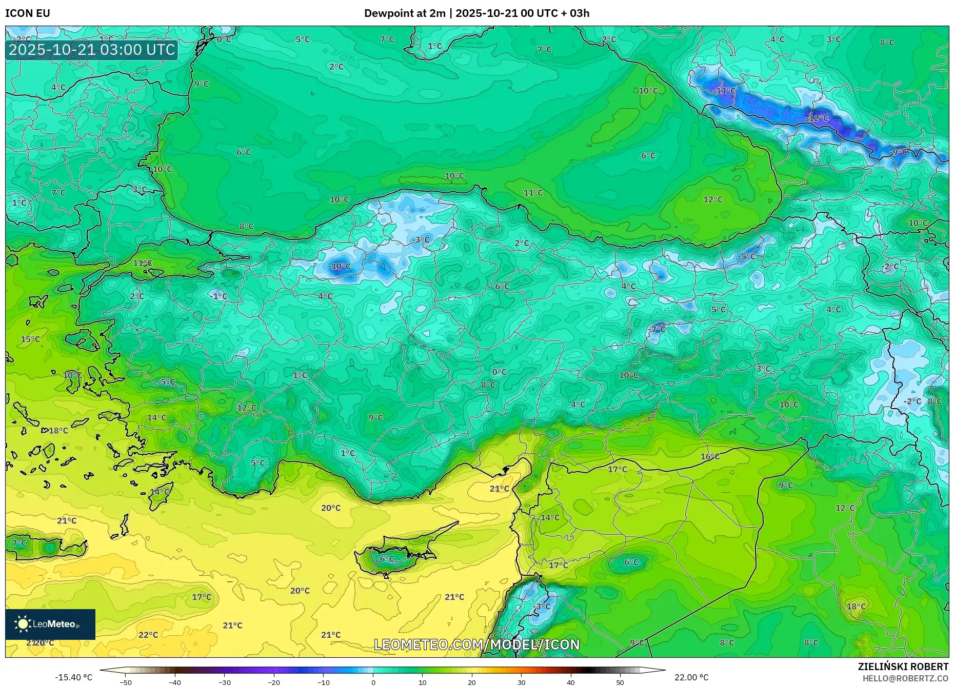 ICON model - Turkey, Dewpoint at 2m ICON model - Turkey, Dewpoint at 2m
