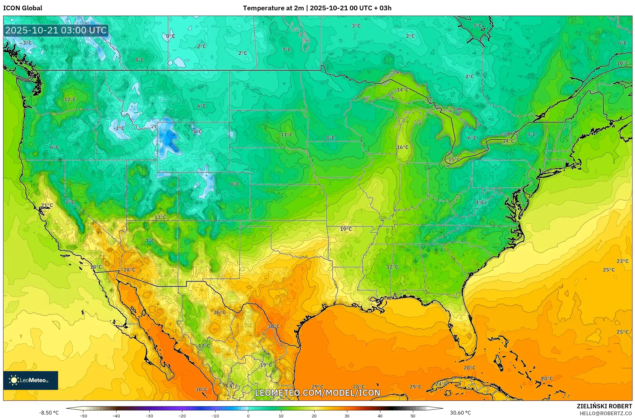 ICON model - United States, Temperature at 2m ICON model - United States, Temperature at 2m