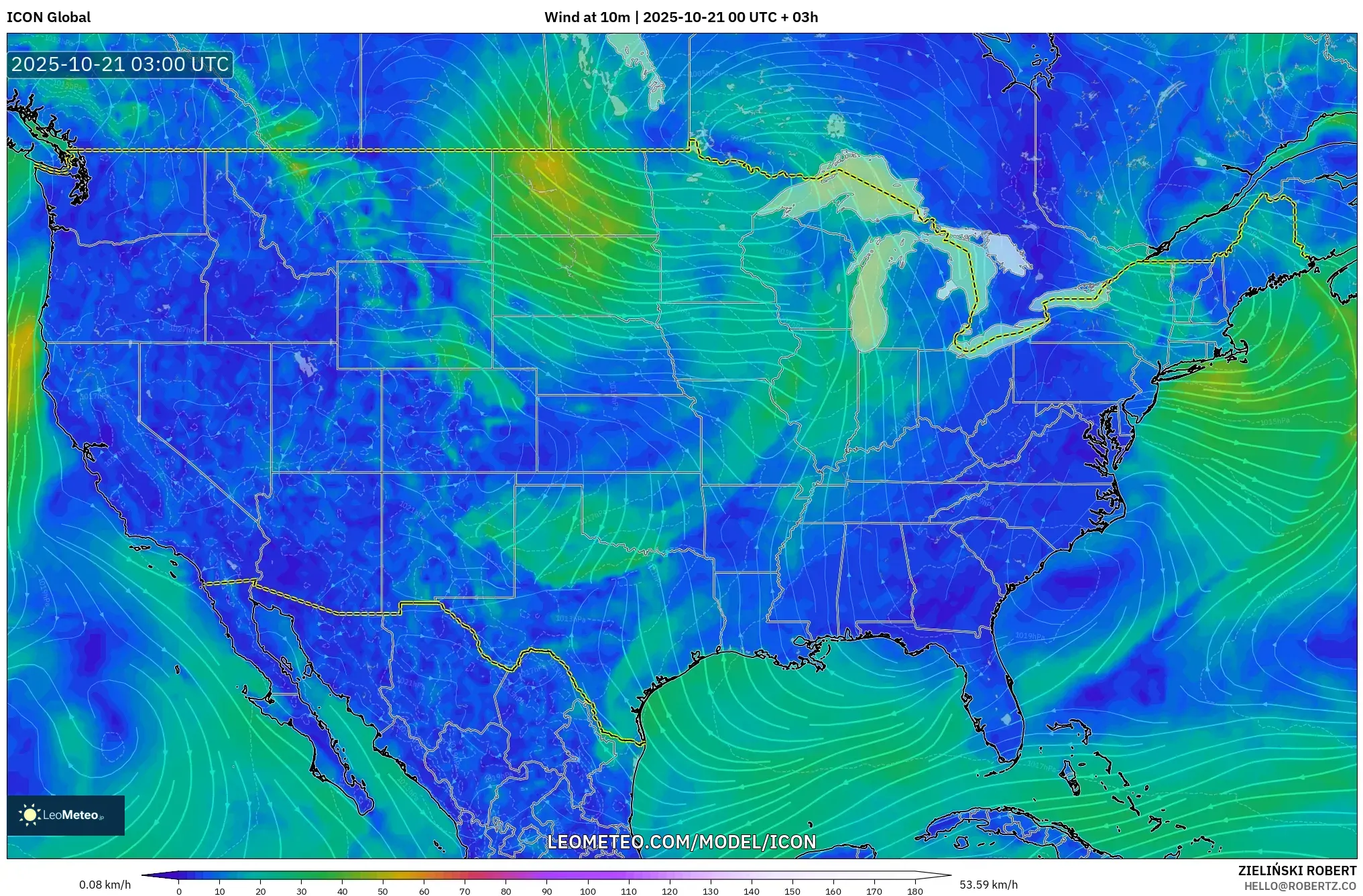 ICON model - United States, Wind at 10m ICON model - United States, Wind at 10m