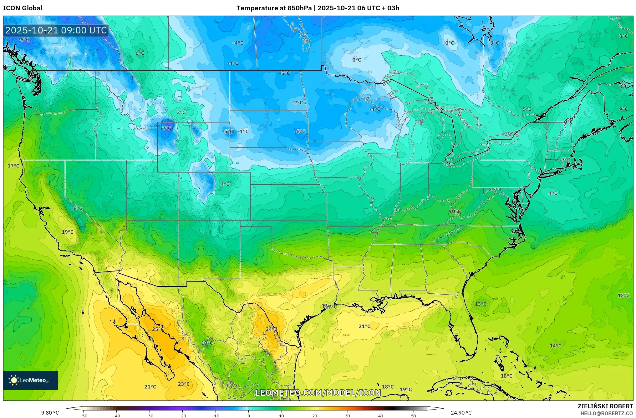 ICON model - United States, Temperature at 850hPa ICON model - United States, Temperature at 850hPa