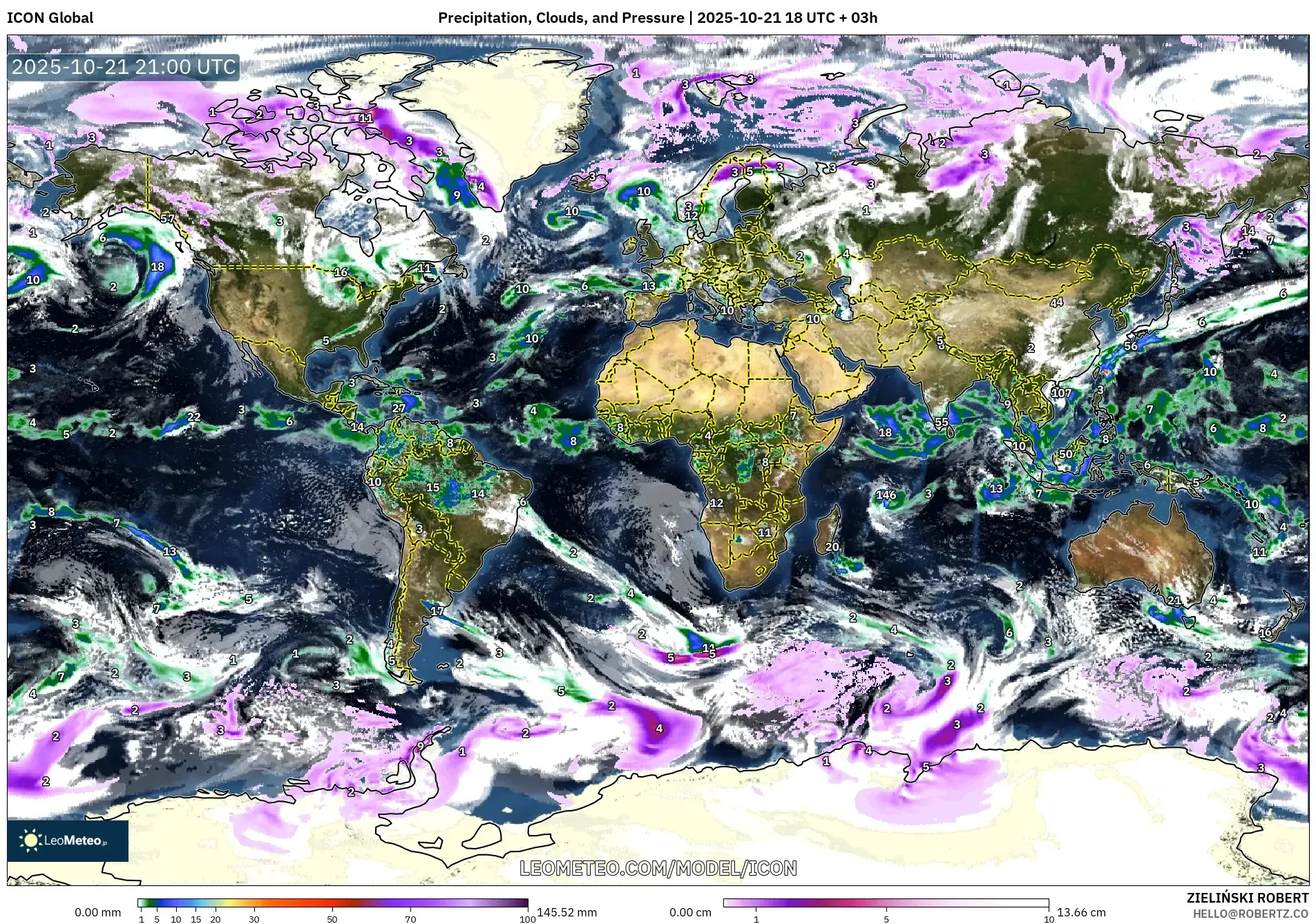 ICON model - World, Precipitation, Clouds, and Pressure ICON model - World, Precipitation, Clouds, and Pressure