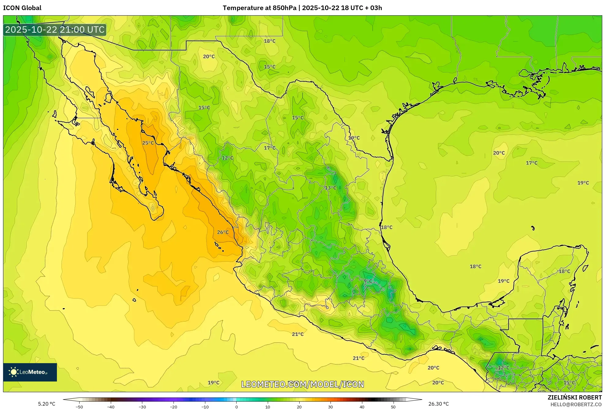 ICON model - Mexico, Temperature at 850hPa ICON model - Mexico, Temperature at 850hPa