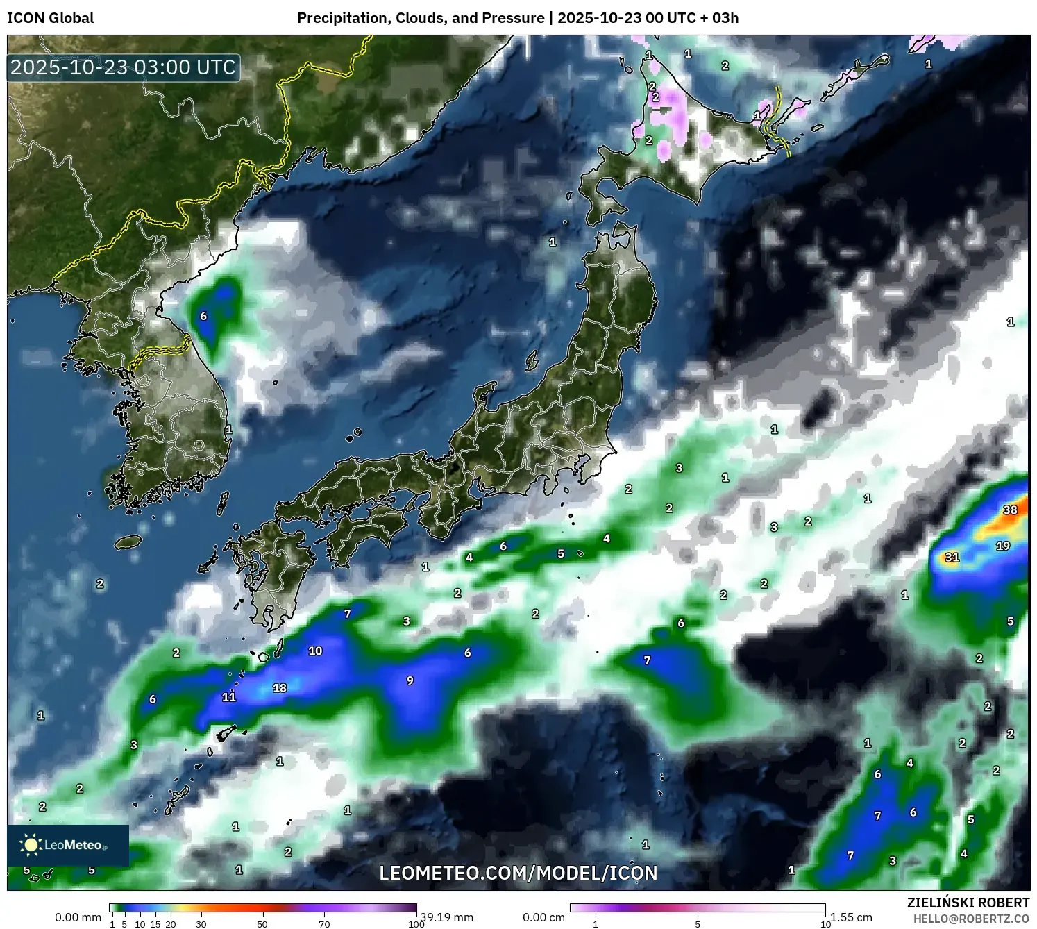ICON model - Japan, Precipitation, Clouds, and Pressure ICON model - Japan, Precipitation, Clouds, and Pressure