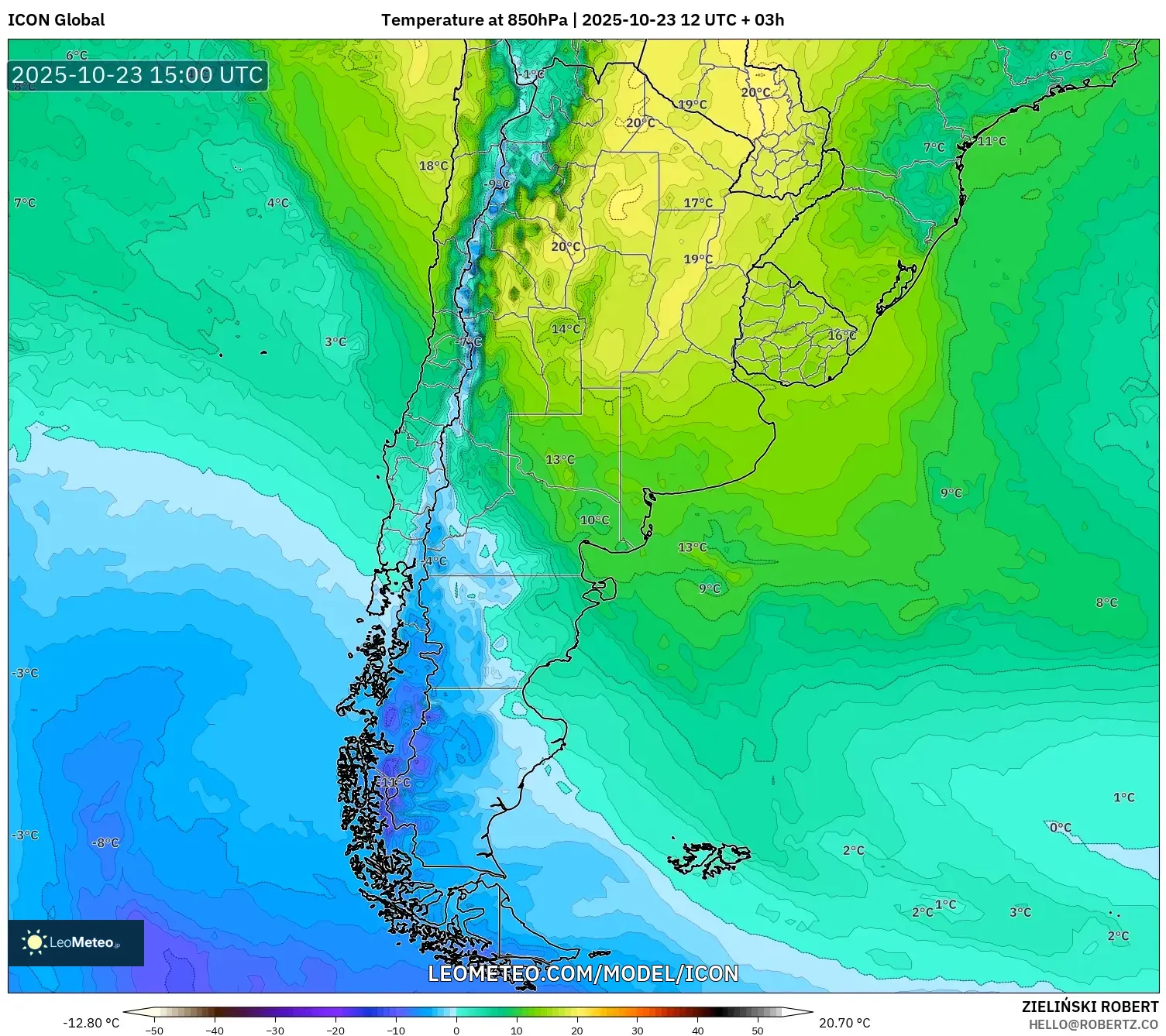 ICON model - Argentina, Temperature at 850hPa ICON model - Argentina, Temperature at 850hPa