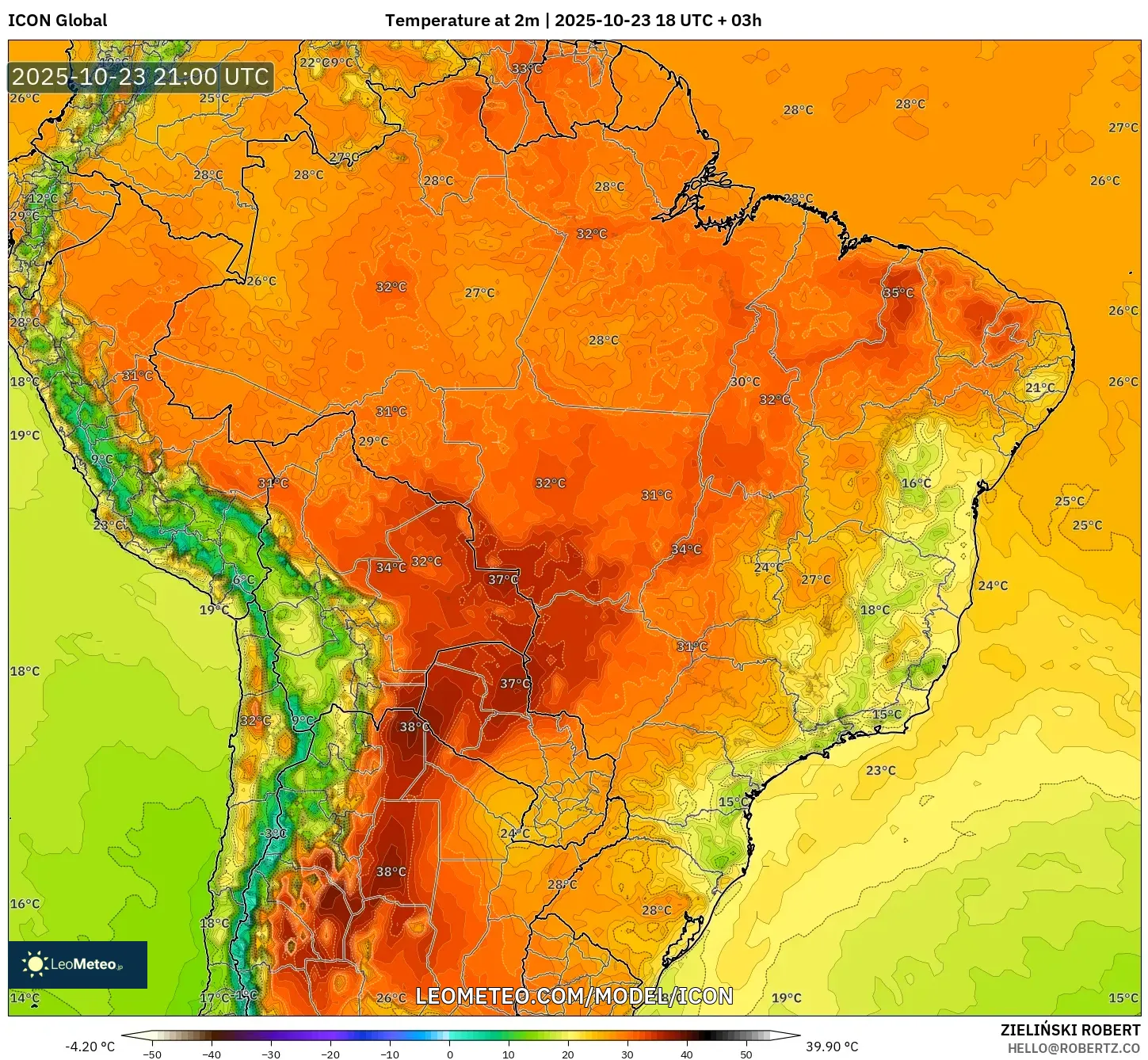 ICON model - Brazil, Temperature at 2m ICON model - Brazil, Temperature at 2m