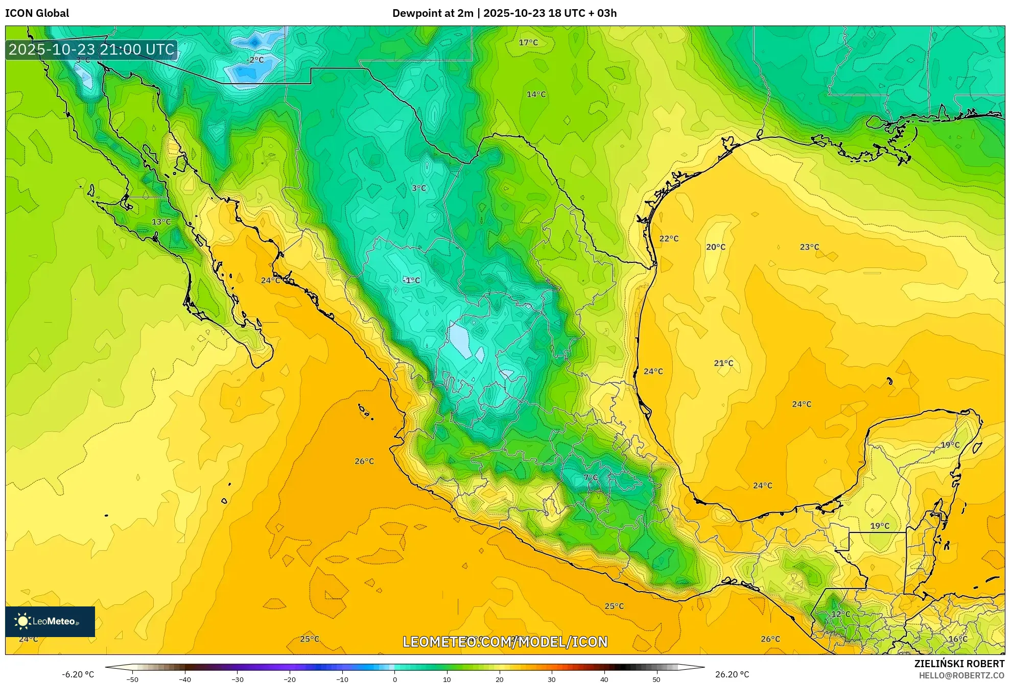 ICON model - Mexico, Dewpoint at 2m ICON model - Mexico, Dewpoint at 2m