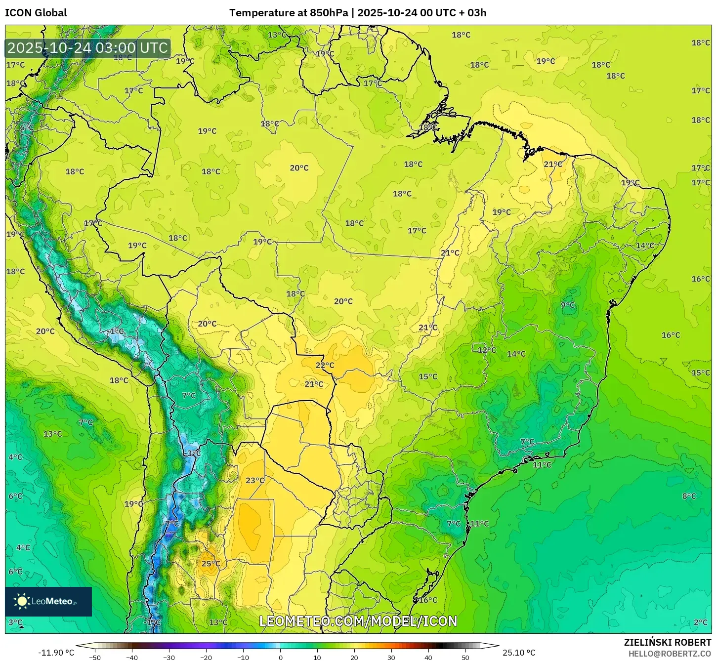 ICON model - Brazil, Temperature at 850hPa ICON model - Brazil, Temperature at 850hPa
