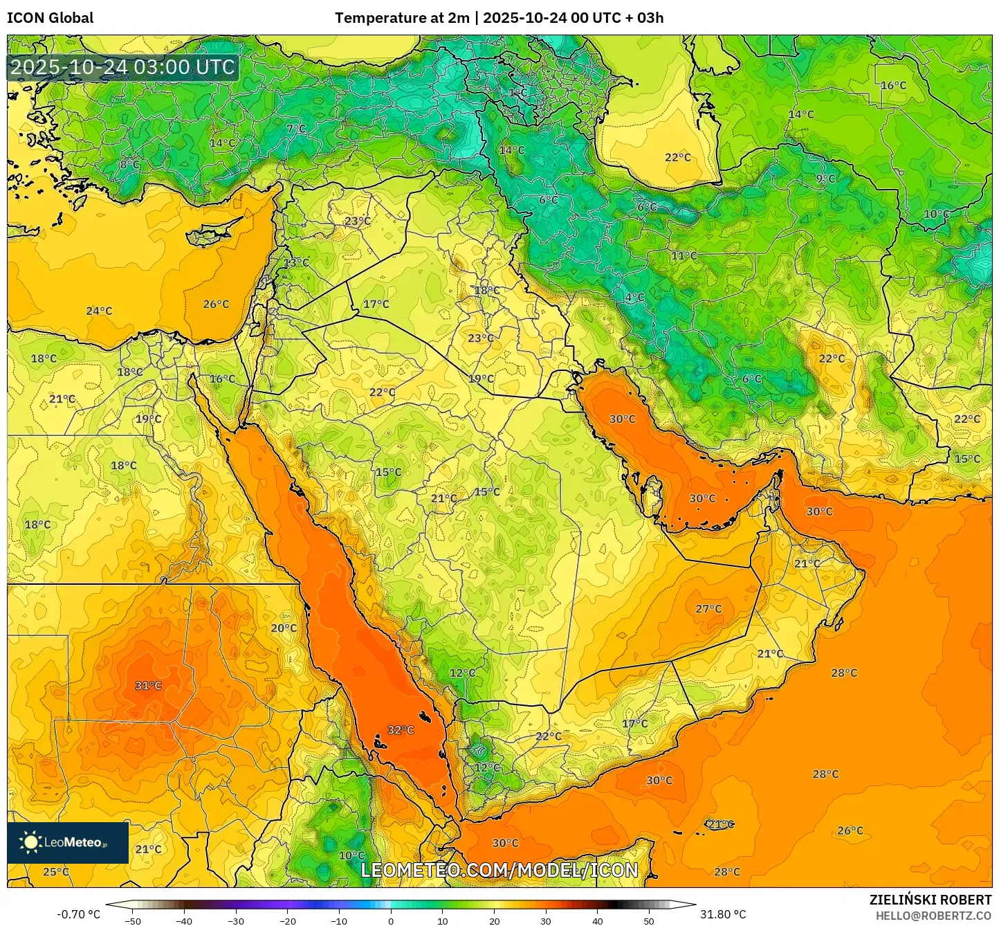 ICON model - Middle East, Temperature at 2m ICON model - Middle East, Temperature at 2m