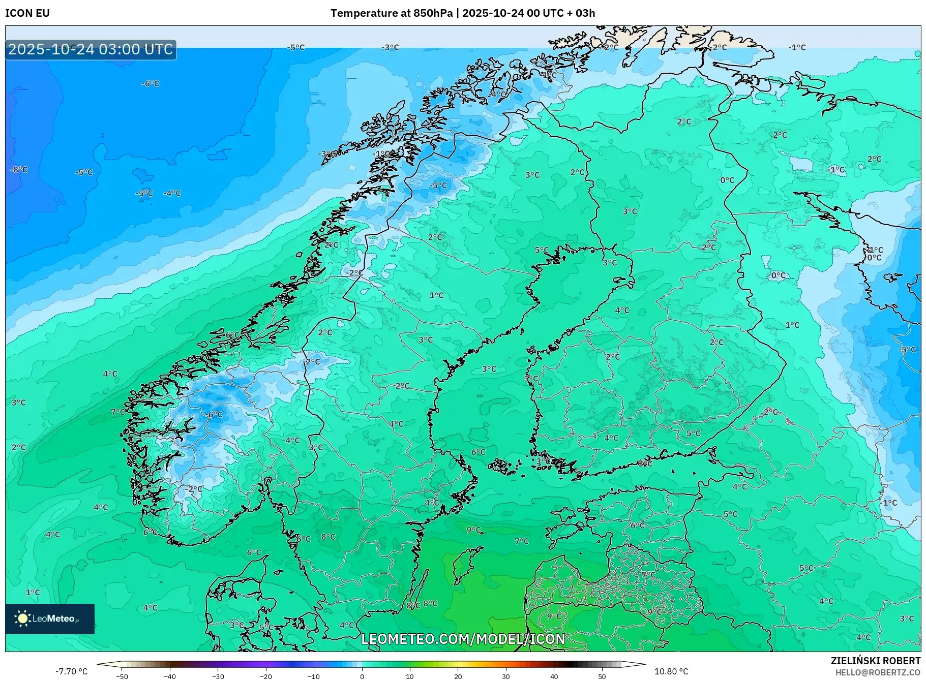 ICON model - Scandinavia, Temperature at 850hPa ICON model - Scandinavia, Temperature at 850hPa