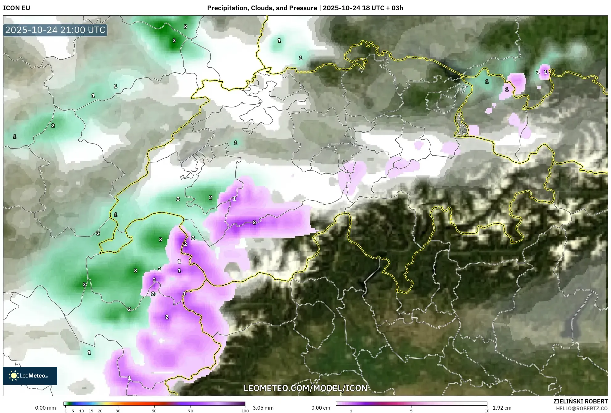 ICON model - Switzerland, Precipitation, Clouds, and Pressure ICON model - Switzerland, Precipitation, Clouds, and Pressure