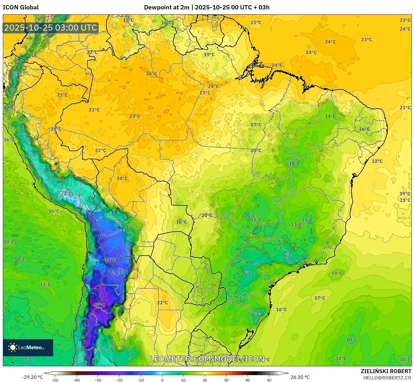 ICON model - Brazil, Dewpoint at 2m ICON model - Brazil, Dewpoint at 2m
