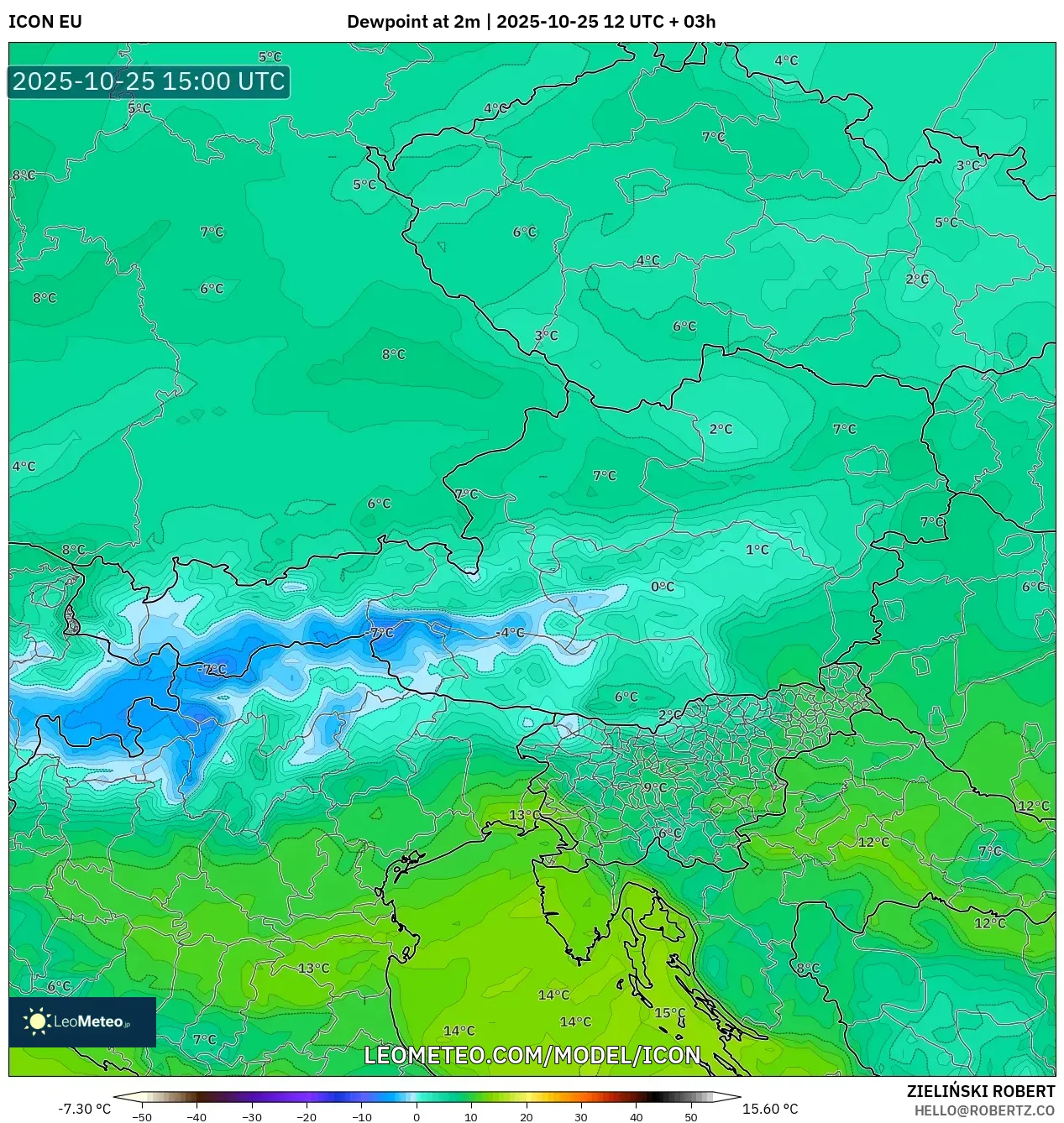 ICON model - Austria, Dewpoint at 2m ICON model - Austria, Dewpoint at 2m