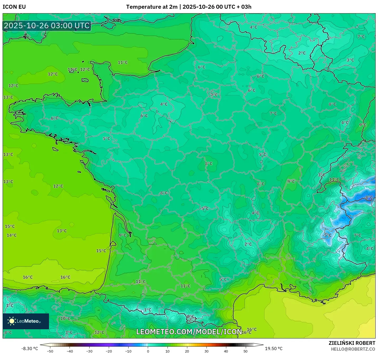 ICON model - France, Temperature at 2m ICON model - France, Temperature at 2m