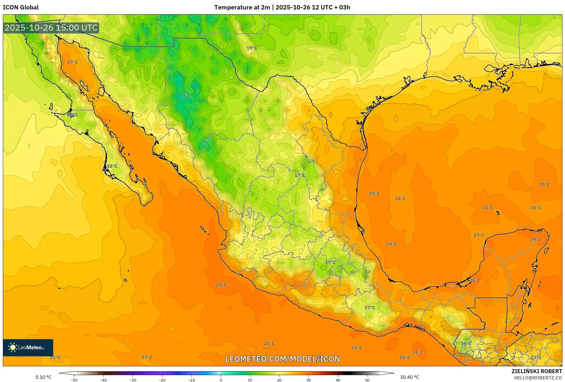 ICON model - Mexico, Temperature at 2m ICON model - Mexico, Temperature at 2m