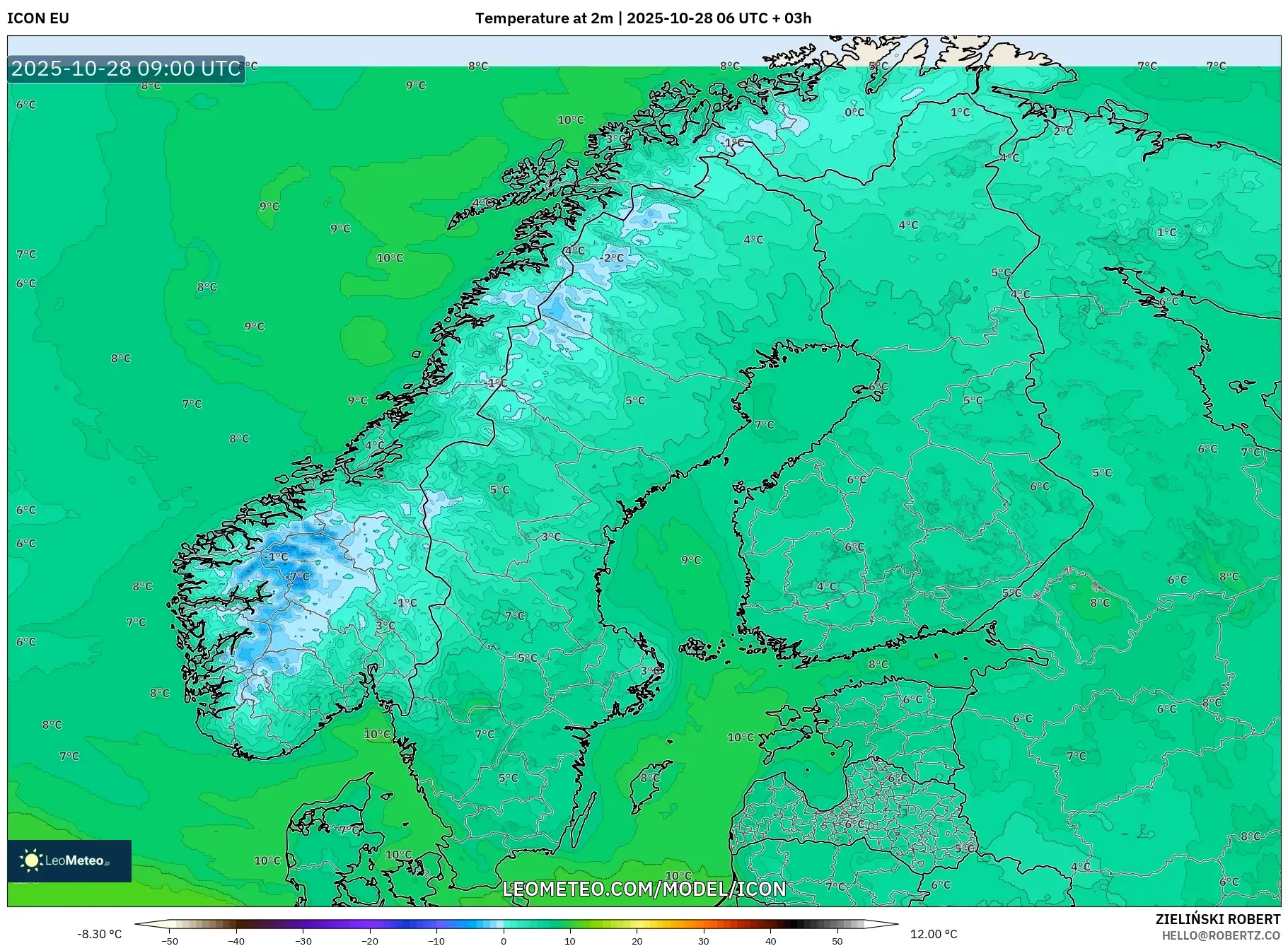 ICON model - Scandinavia, Temperature at 2m ICON model - Scandinavia, Temperature at 2m