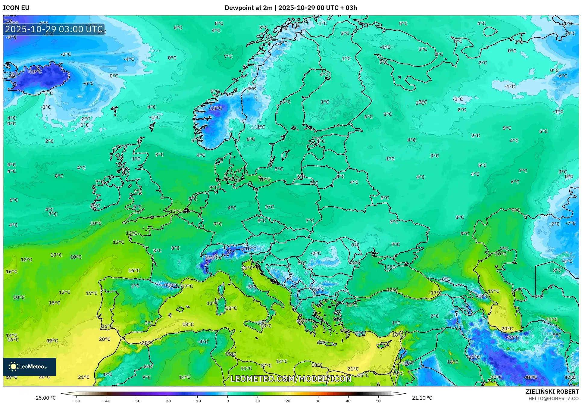 ICON model - Europe, Dewpoint at 2m ICON model - Europe, Dewpoint at 2m