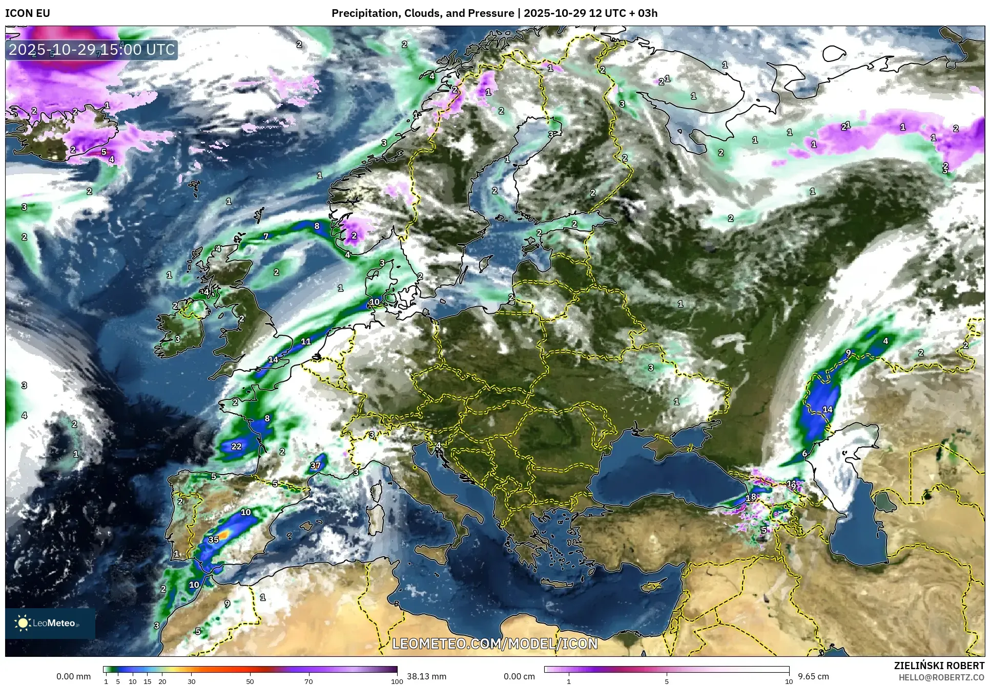 ICON model - Europe, Precipitation, Clouds, and Pressure ICON model - Europe, Precipitation, Clouds, and Pressure