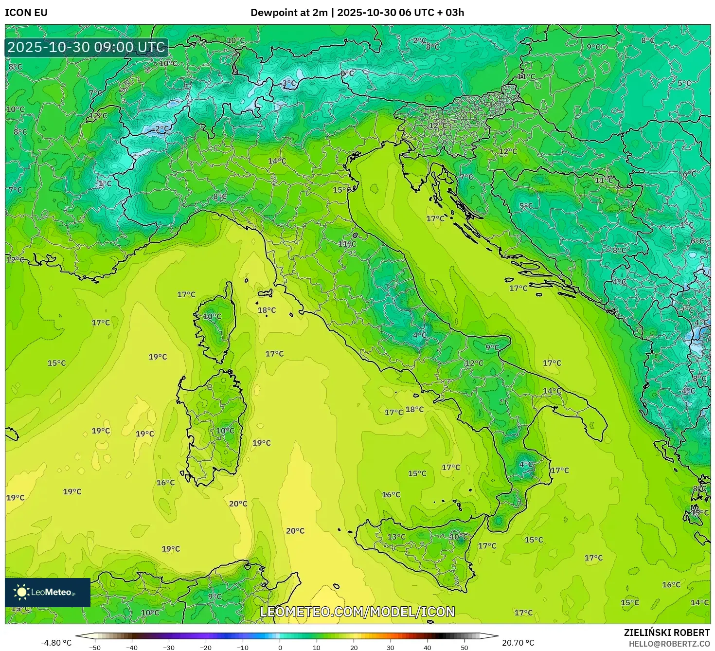 ICON model - Italy, Dewpoint at 2m ICON model - Italy, Dewpoint at 2m