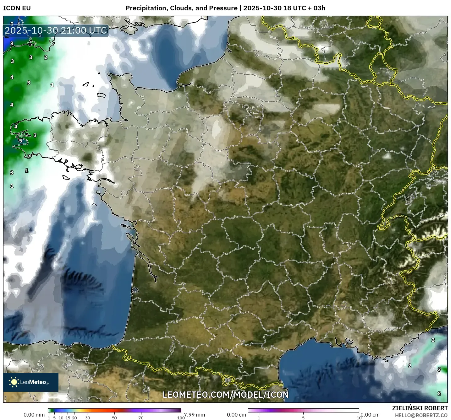 ICON model - France, Precipitation, Clouds, and Pressure ICON model - France, Precipitation, Clouds, and Pressure