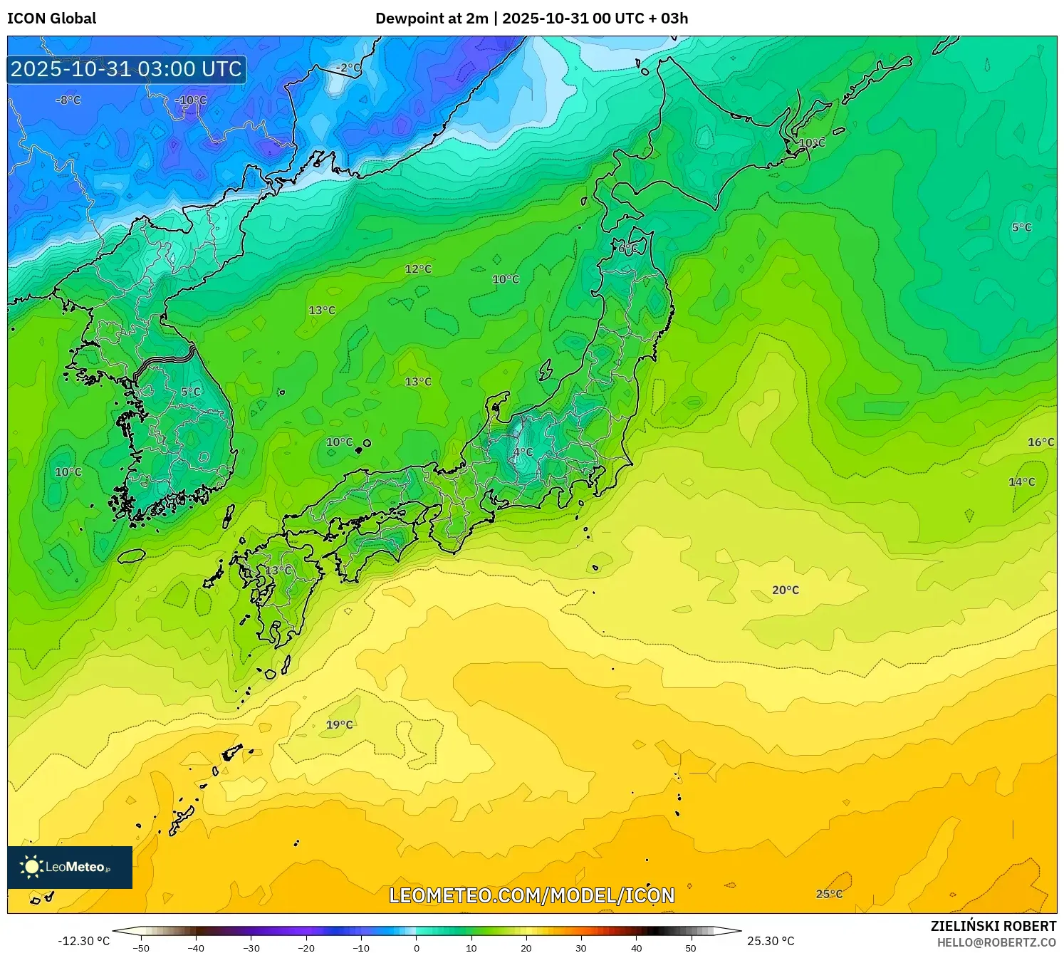 ICON model - Japan, Dewpoint at 2m ICON model - Japan, Dewpoint at 2m