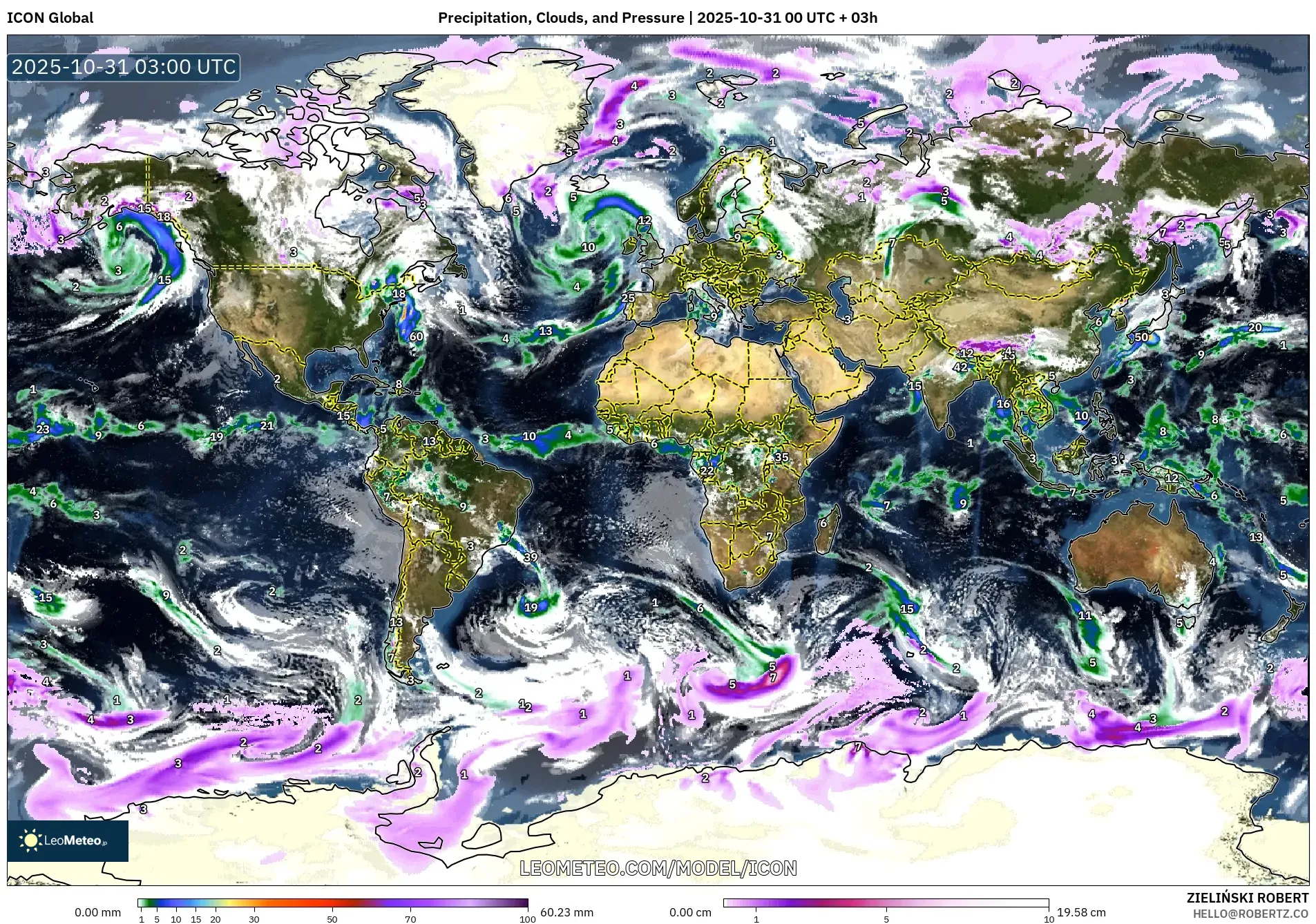 ICON model - World, Precipitation, Clouds, and Pressure ICON model - World, Precipitation, Clouds, and Pressure