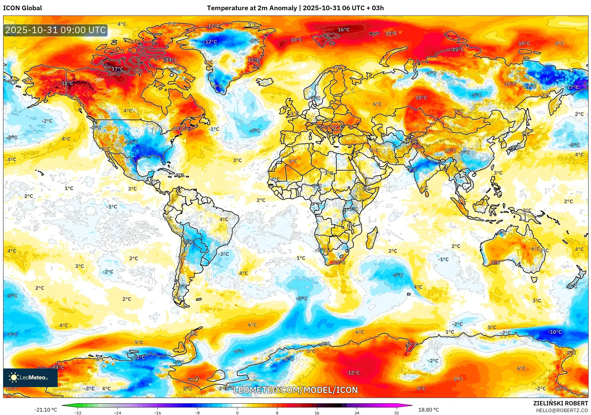 ICON model - World, Temperature at 2m Anomaly ICON model - World, Temperature at 2m Anomaly